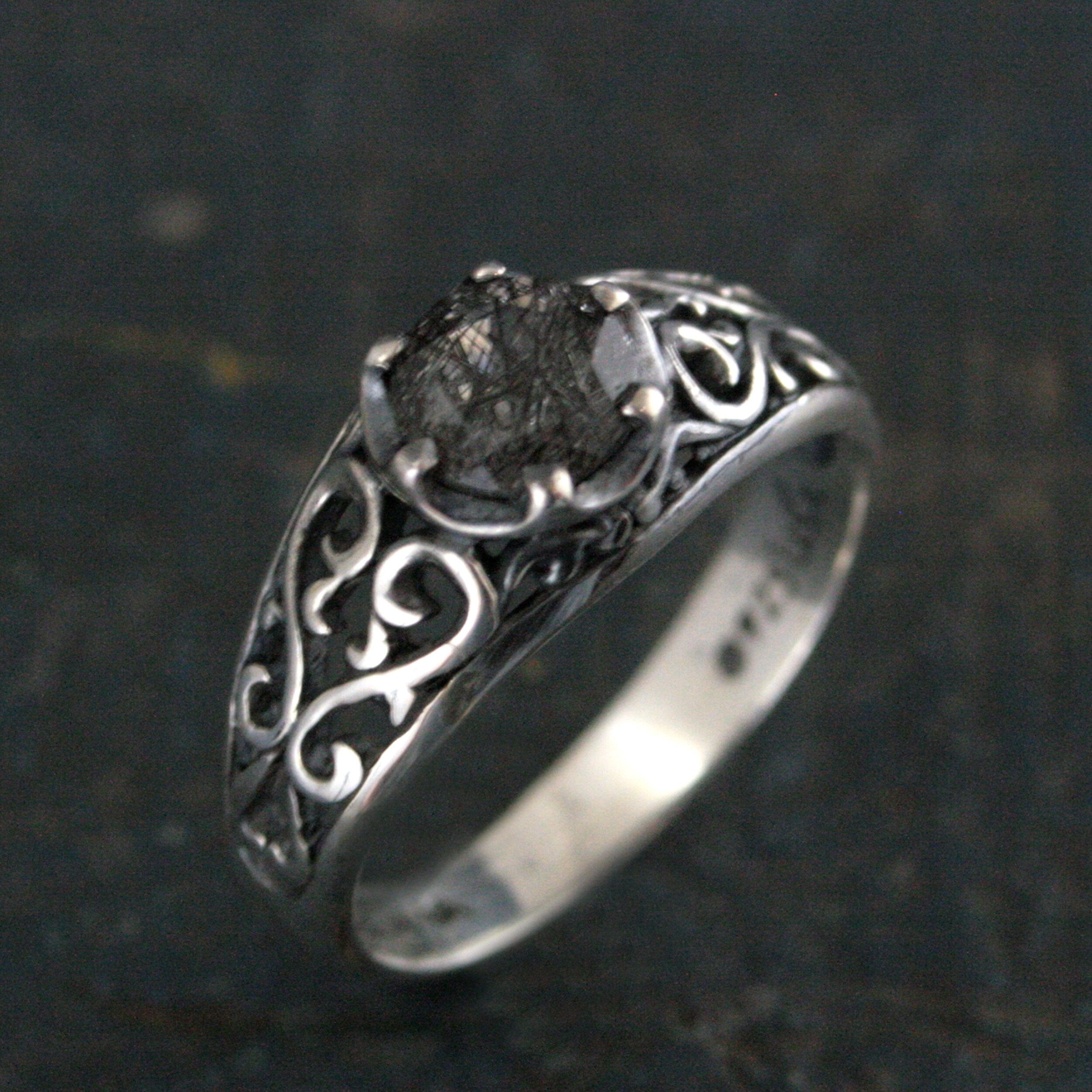 Black Rutilated Quartz Ring Maleficent Oxidized Polished Filigree Ring Gothic Ring Alternative Engagement Ring Black Silver Cocktail Ring