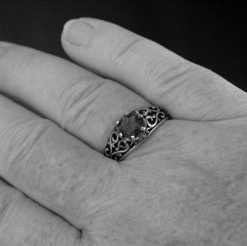 Black Rutilated Quartz Ring Maleficent Oxidized Polished Filigree Ring Gothic Ring Alternative Engagement Ring Black Silver Cocktail Ring