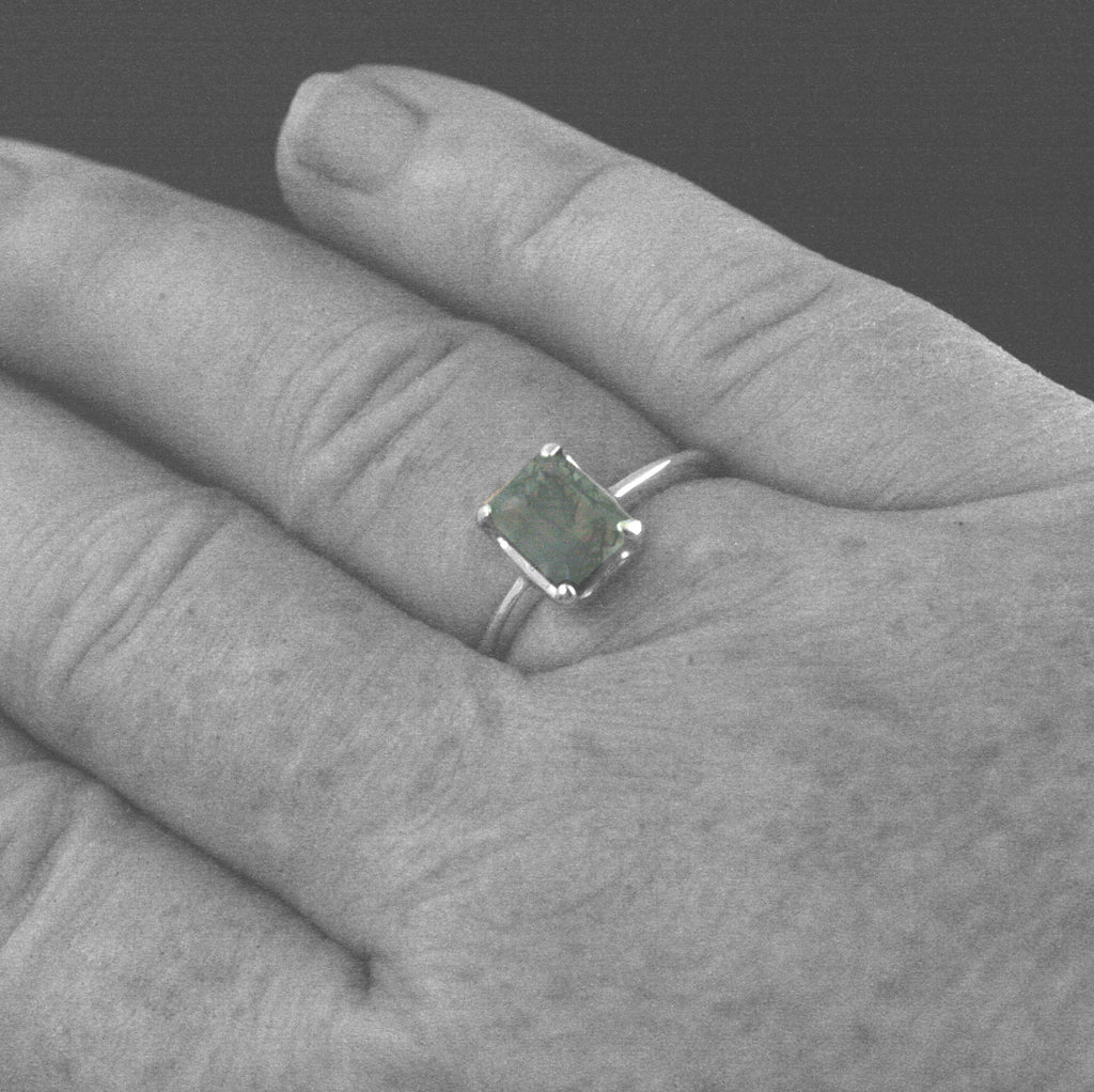 Moss Agate Ring Emerald Cut Solitaire Knife Edge Band 8x6 Moss Agate Modern Ring Minimalist Jewelry Statement Ring Rectangular Moss Agate