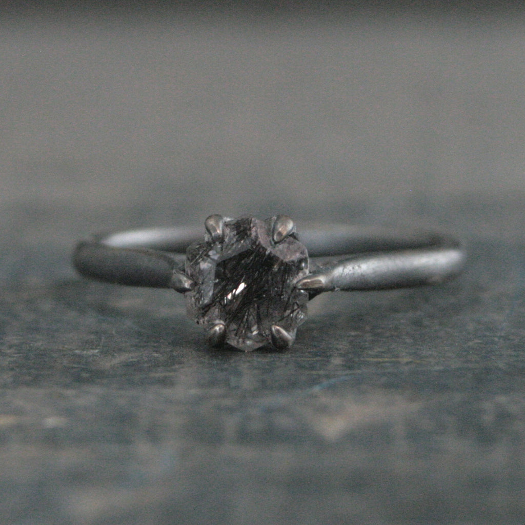 Hexagonal Black Rutilated Quartz Ring Hexagon Black Tourmalinated Quartz Ring Black Silver Oxidized Ring Six Prong Solitaire Gothic Black