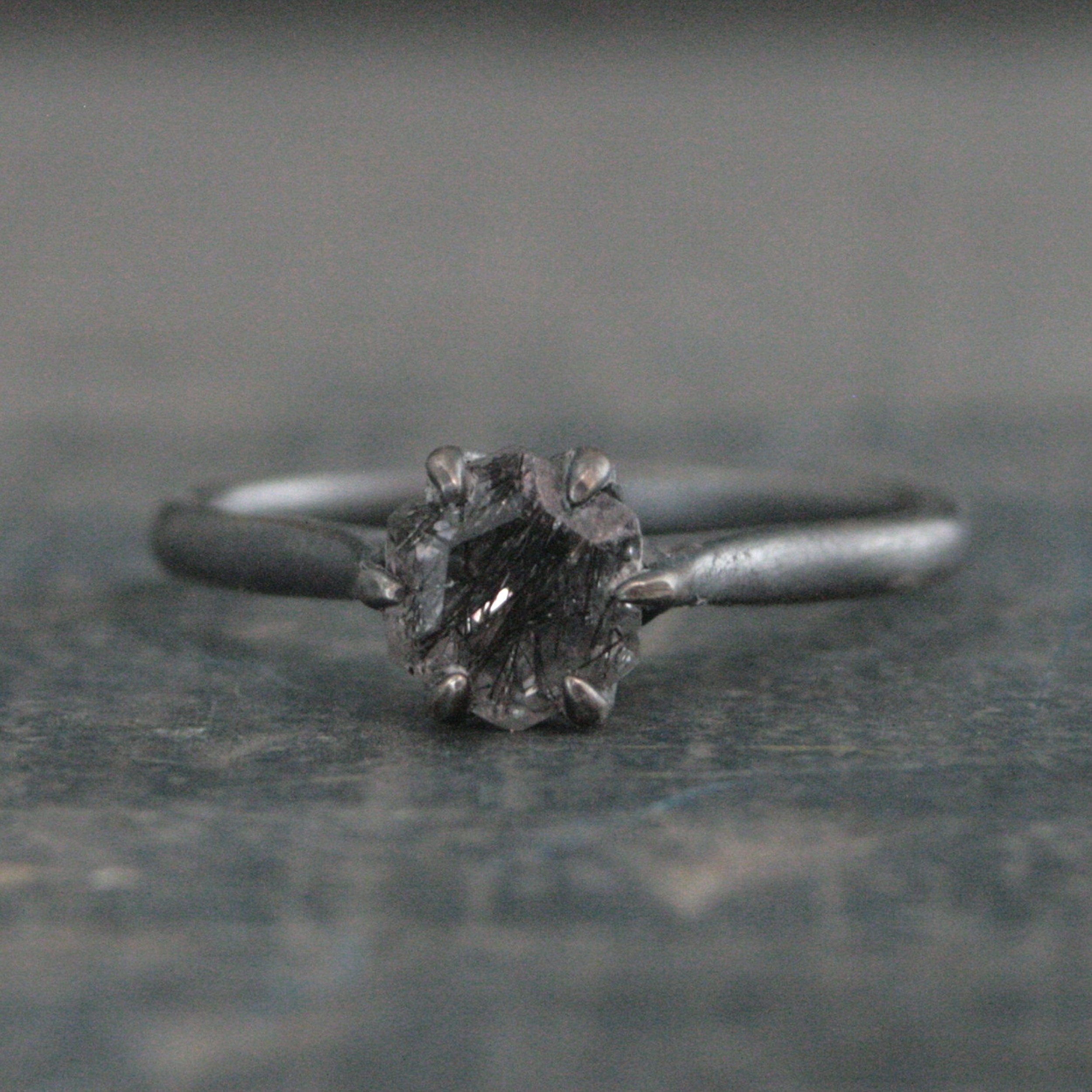 Hexagonal Black Rutilated Quartz Ring Hexagon Black Tourmalinated Quartz Ring Black Silver Oxidized Ring Six Prong Solitaire Gothic Black