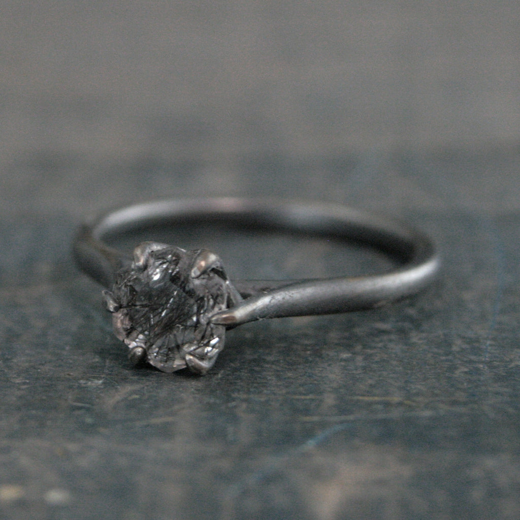 Hexagonal Black Rutilated Quartz Ring Hexagon Black Tourmalinated Quartz Ring Black Silver Oxidized Ring Six Prong Solitaire Gothic Black
