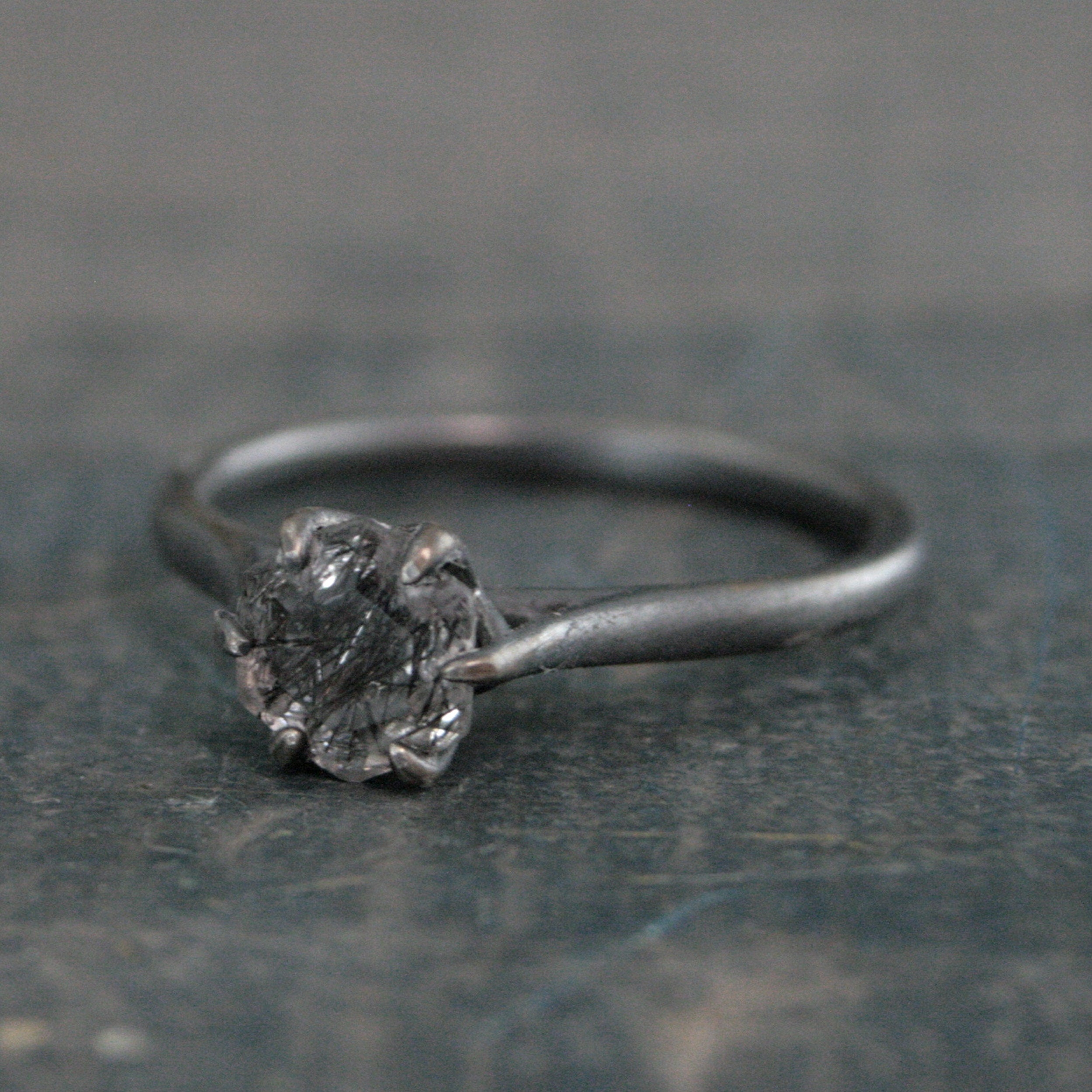 Hexagonal Black Rutilated Quartz Ring Hexagon Black Tourmalinated Quartz Ring Black Silver Oxidized Ring Six Prong Solitaire Gothic Black