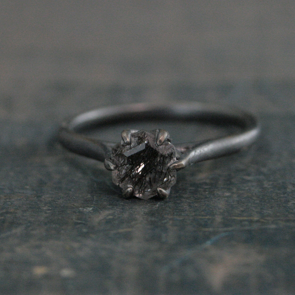 Hexagonal Black Rutilated Quartz Ring Hexagon Black Tourmalinated Quartz Ring Black Silver Oxidized Ring Six Prong Solitaire Gothic Black