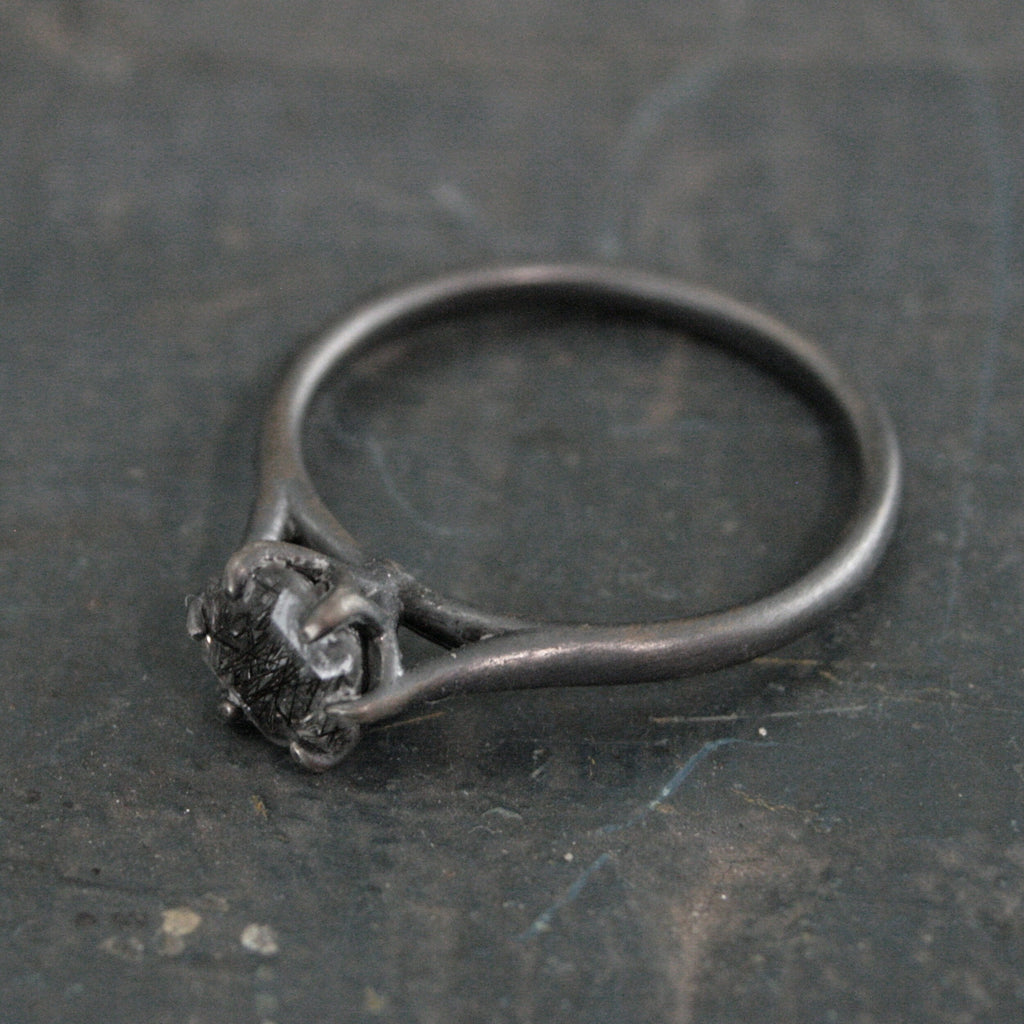 Hexagonal Black Rutilated Quartz Ring Hexagon Black Tourmalinated Quartz Ring Black Silver Oxidized Ring Six Prong Solitaire Gothic Black