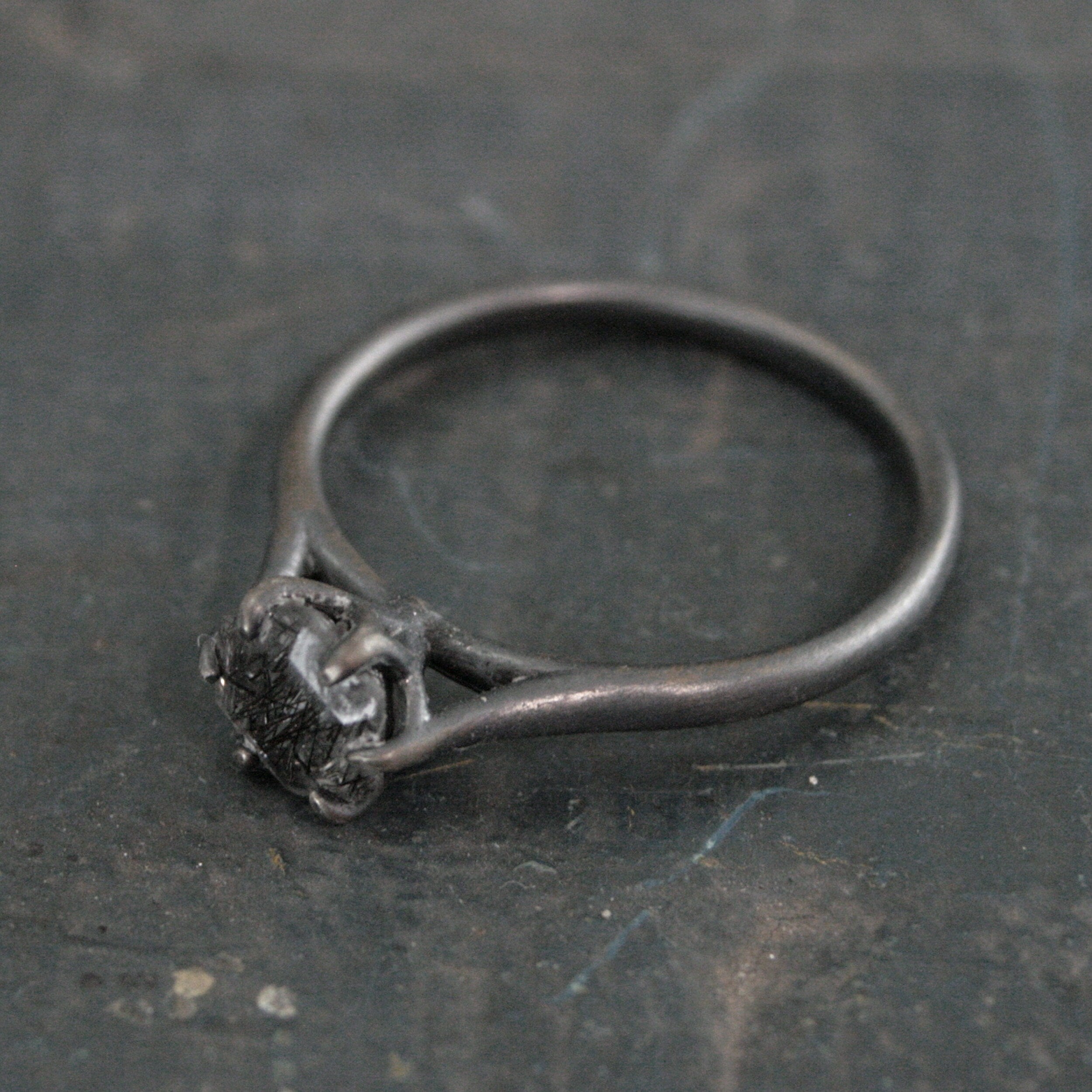 Hexagonal Black Rutilated Quartz Ring Hexagon Black Tourmalinated Quartz Ring Black Silver Oxidized Ring Six Prong Solitaire Gothic Black