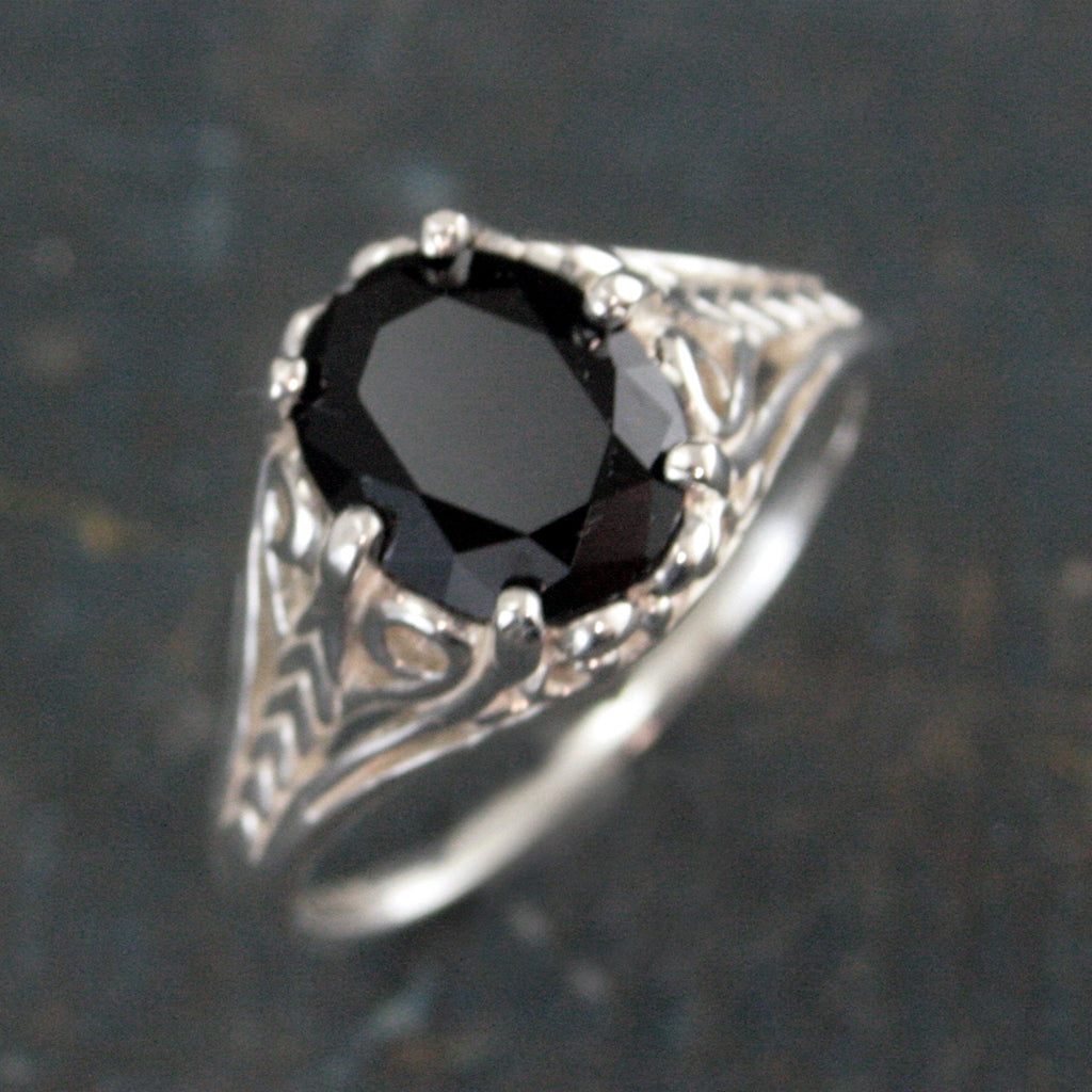 Onyx Ring Silver Filigree Ring 8 by 10 Oval Onyx Ring Dark Fairy Antique Style Ring Facetted Genuine Onyx Oval Ring Unique Engagement Ring