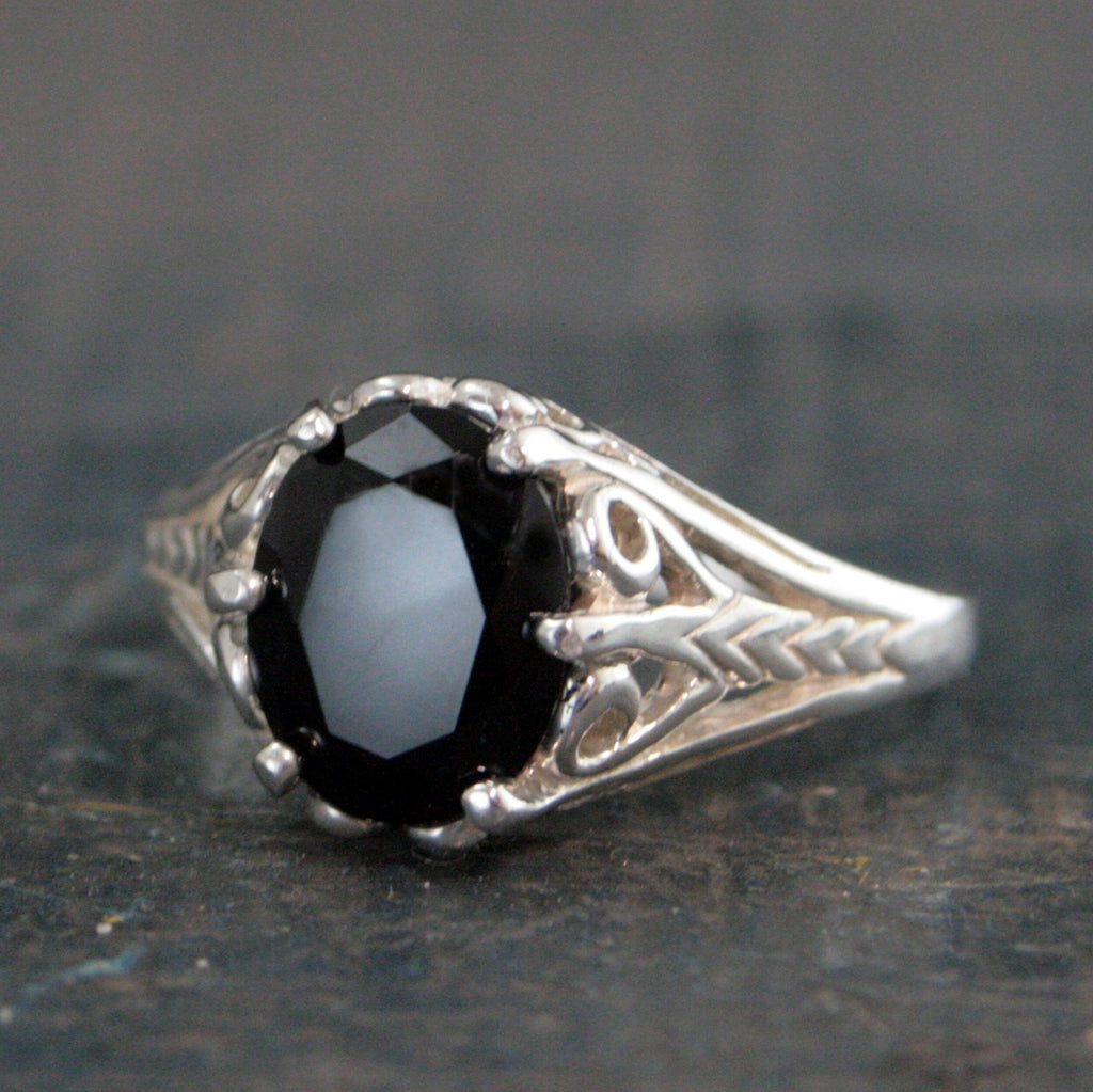 Onyx Ring Silver Filigree Ring 8 by 10 Oval Onyx Ring Dark Fairy Antique Style Ring Facetted Genuine Onyx Oval Ring Unique Engagement Ring