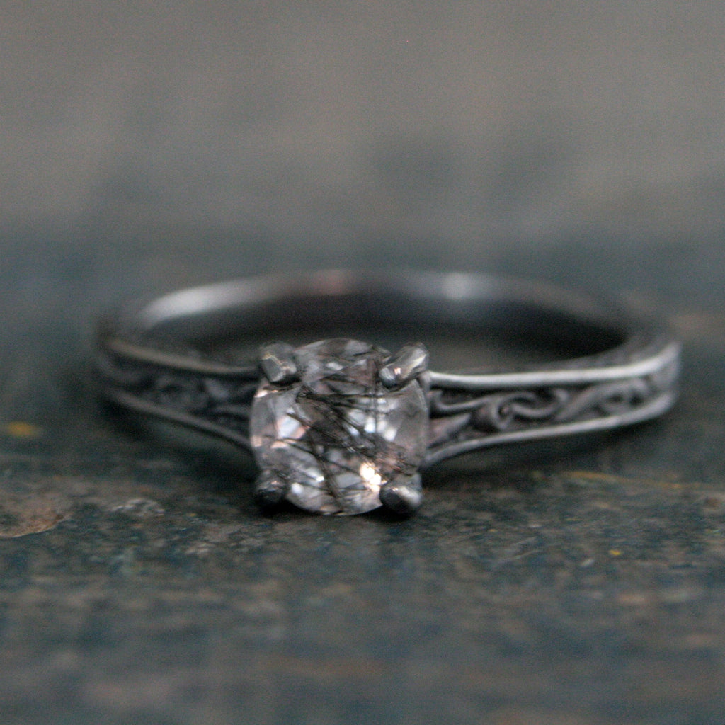 Black Rutilated Quartz Ring Gothic Vine Flourish Cathedral Oxidized Black Silver Ring Unique Engagement Ring Black Tourmalinated Quartz Ring