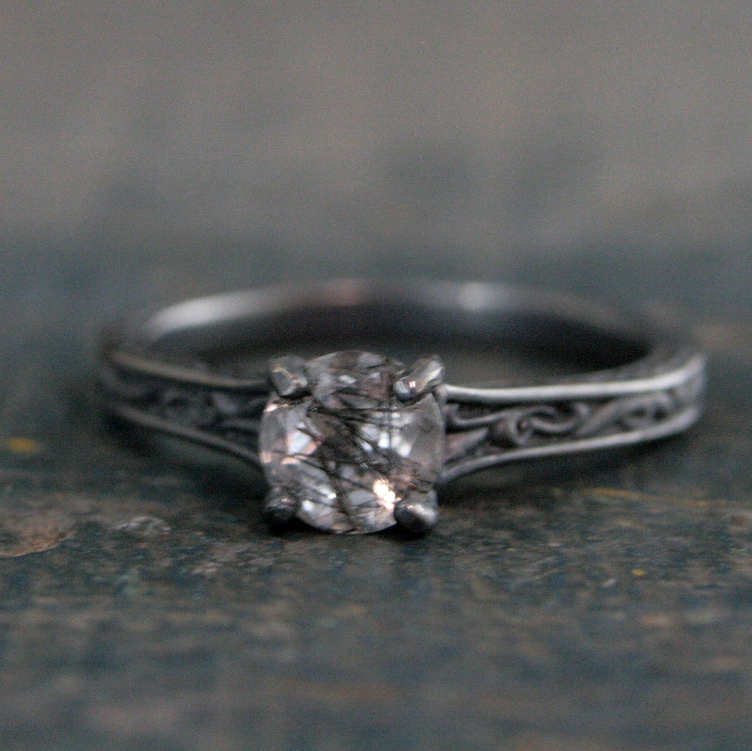 Black Rutilated Quartz Ring Gothic Vine Flourish Cathedral Oxidized Black Silver Ring Unique Engagement Ring Black Tourmalinated Quartz Ring