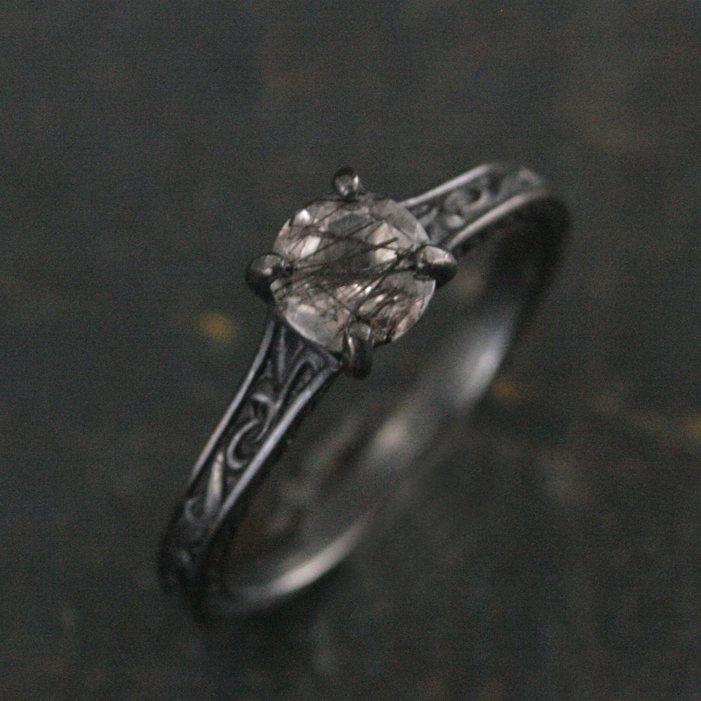 Black Rutilated Quartz Ring Gothic Vine Flourish Cathedral Oxidized Black Silver Ring Unique Engagement Ring Black Tourmalinated Quartz Ring