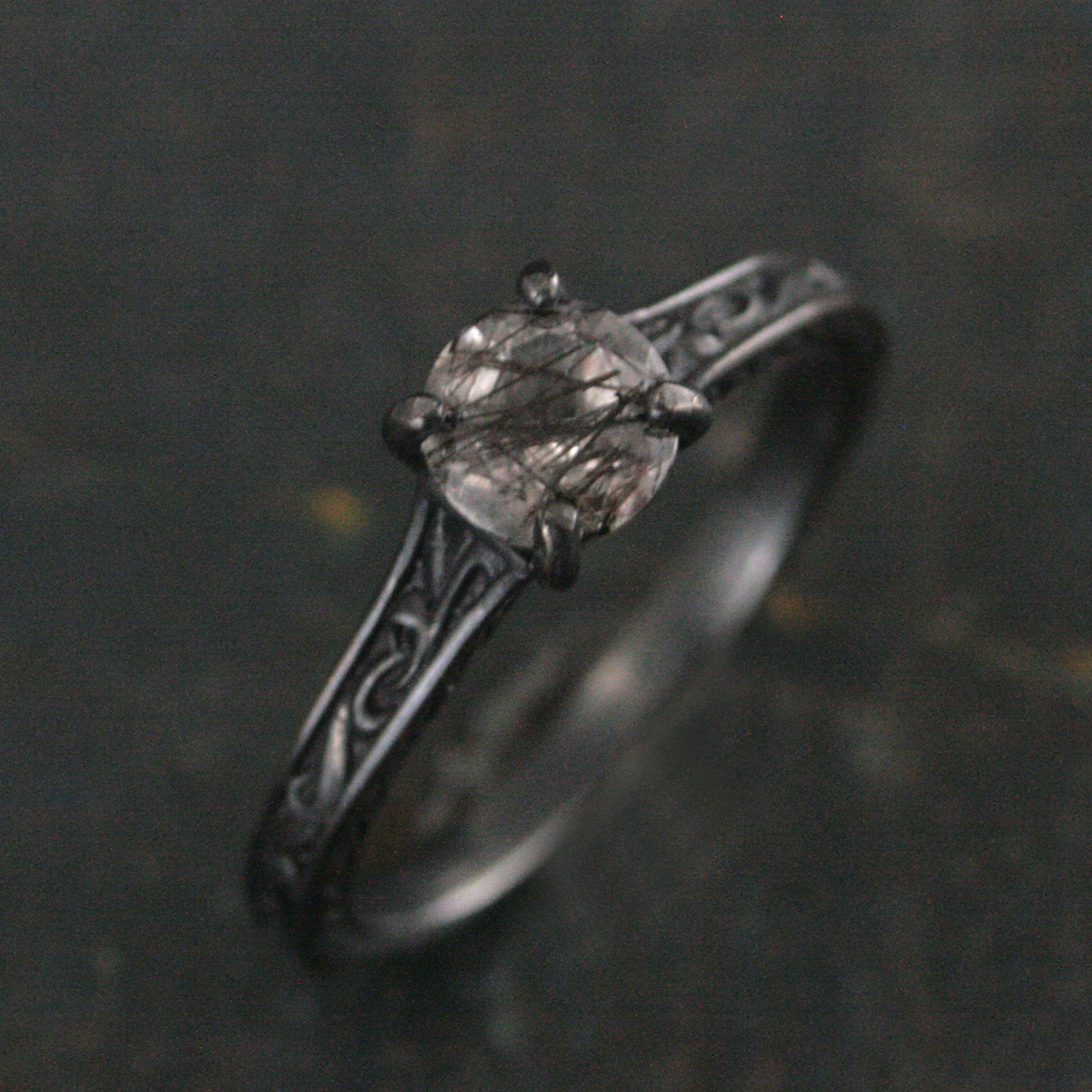 Black Rutilated Quartz Ring Gothic Vine Flourish Cathedral Oxidized Black Silver Ring Unique Engagement Ring Black Tourmalinated Quartz Ring