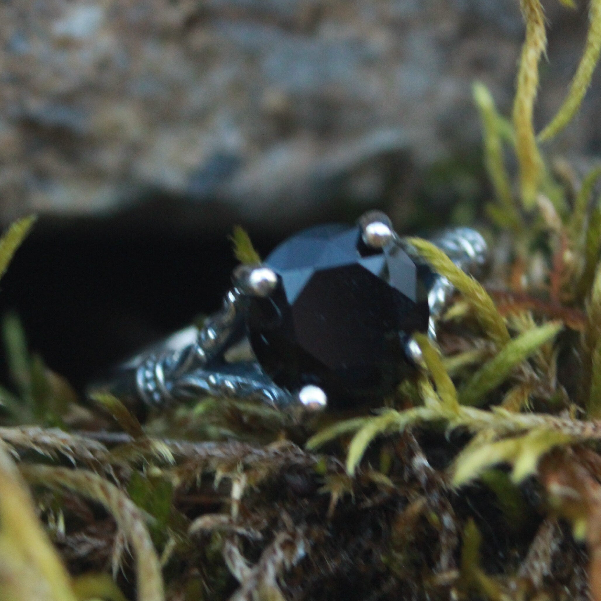 Black Onyx Ring Nordic Design Scrollwork Split Shank Solitaire Oxidized Silver Antiqued Ring Vintage Design Unique Engagement Ring Gothic