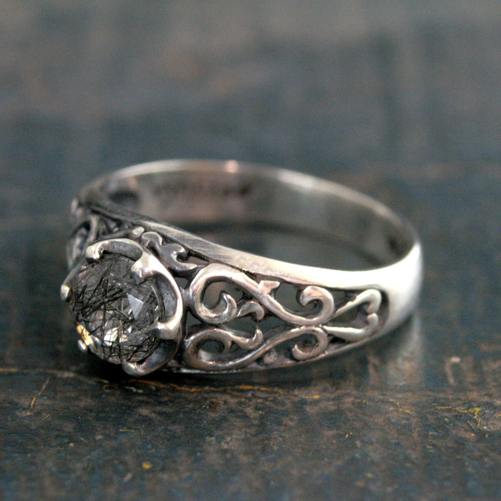 Black Rutilated Quartz Ring Maleficent Oxidized Polished Filigree Ring Gothic Ring Alternative Engagement Ring Black Silver Cocktail Ring