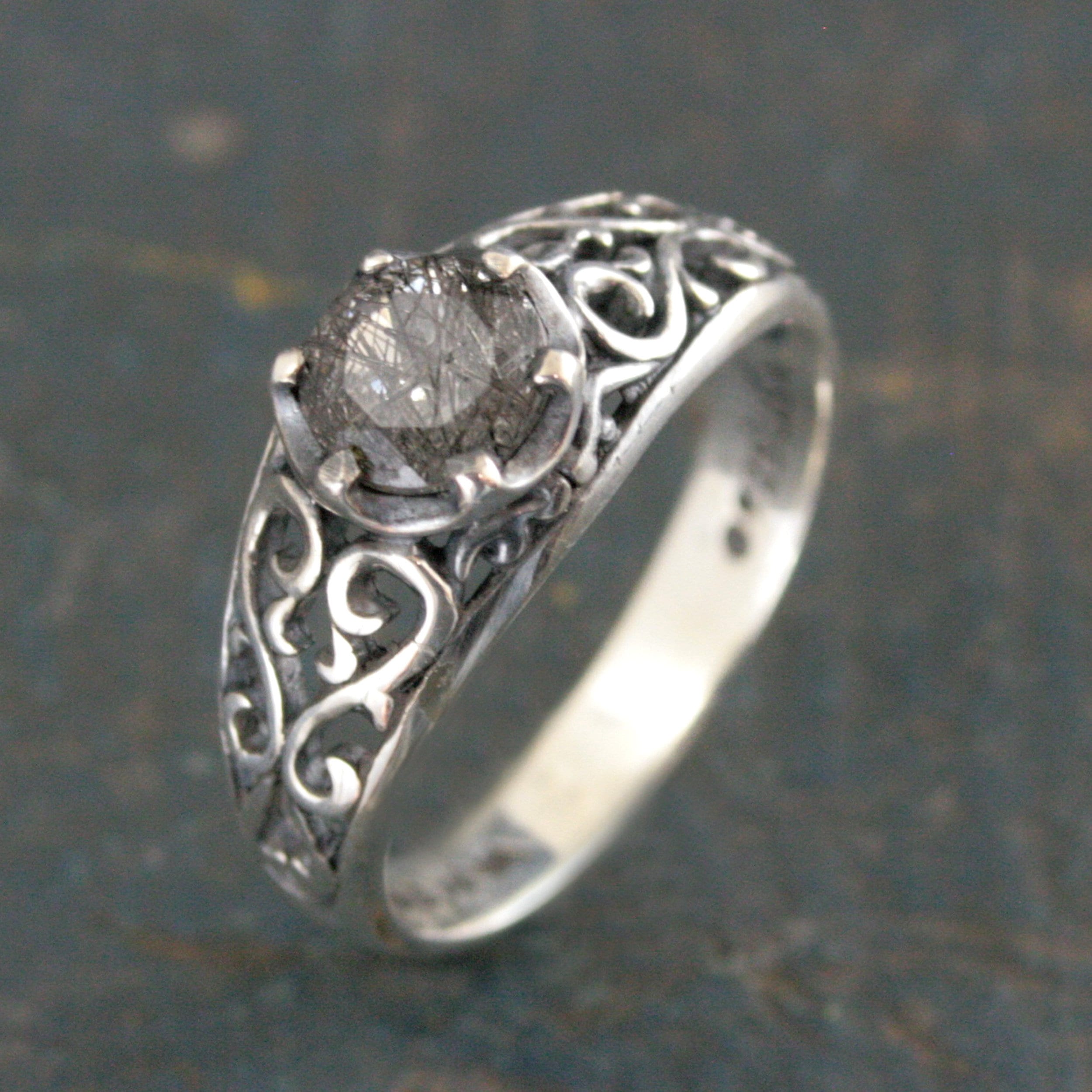 Black Rutilated Quartz Ring Maleficent Oxidized Polished Filigree Ring Gothic Ring Alternative Engagement Ring Black Silver Cocktail Ring