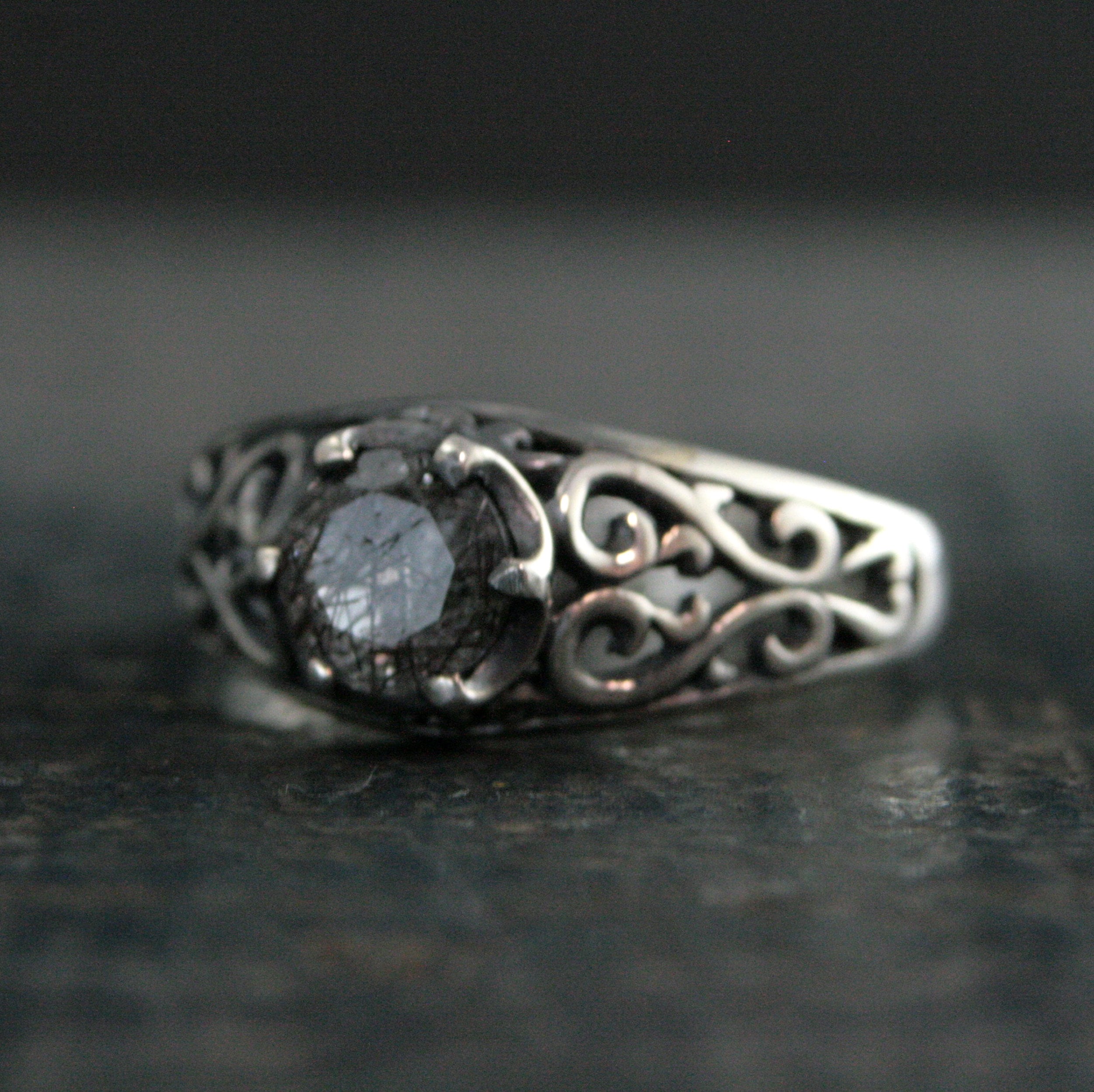 Black Rutilated Quartz Ring Maleficent Oxidized Polished Filigree Ring Gothic Ring Alternative Engagement Ring Black Silver Cocktail Ring