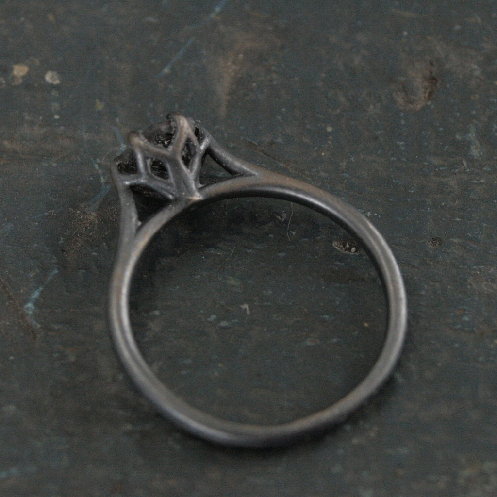 Hexagonal Black Rutilated Quartz Ring Hexagon Black Tourmalinated Quartz Ring Black Silver Oxidized Ring Six Prong Solitaire Gothic Black