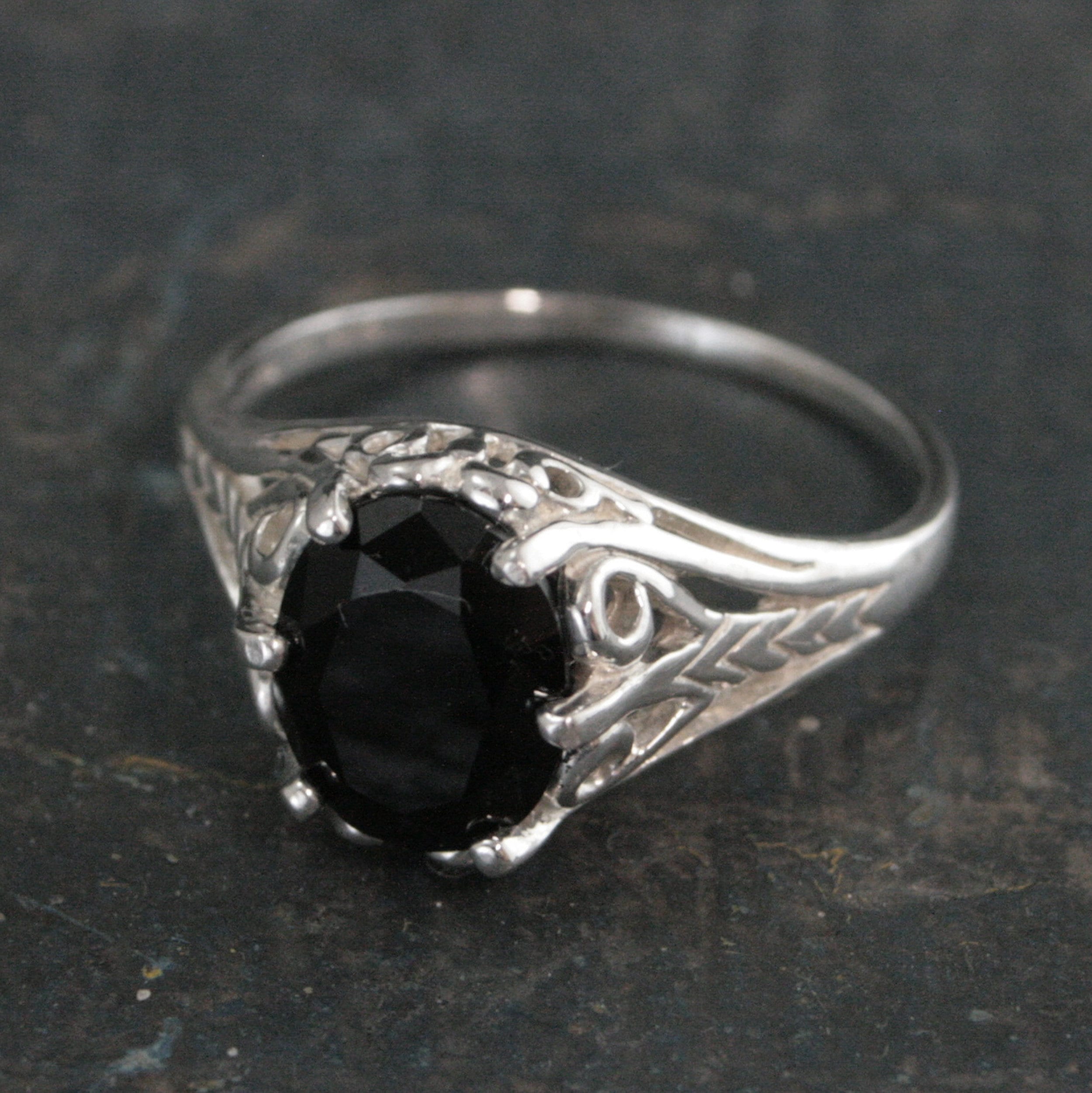 Onyx Ring Silver Filigree Ring 8 by 10 Oval Onyx Ring Dark Fairy Antique Style Ring Facetted Genuine Onyx Oval Ring Unique Engagement Ring