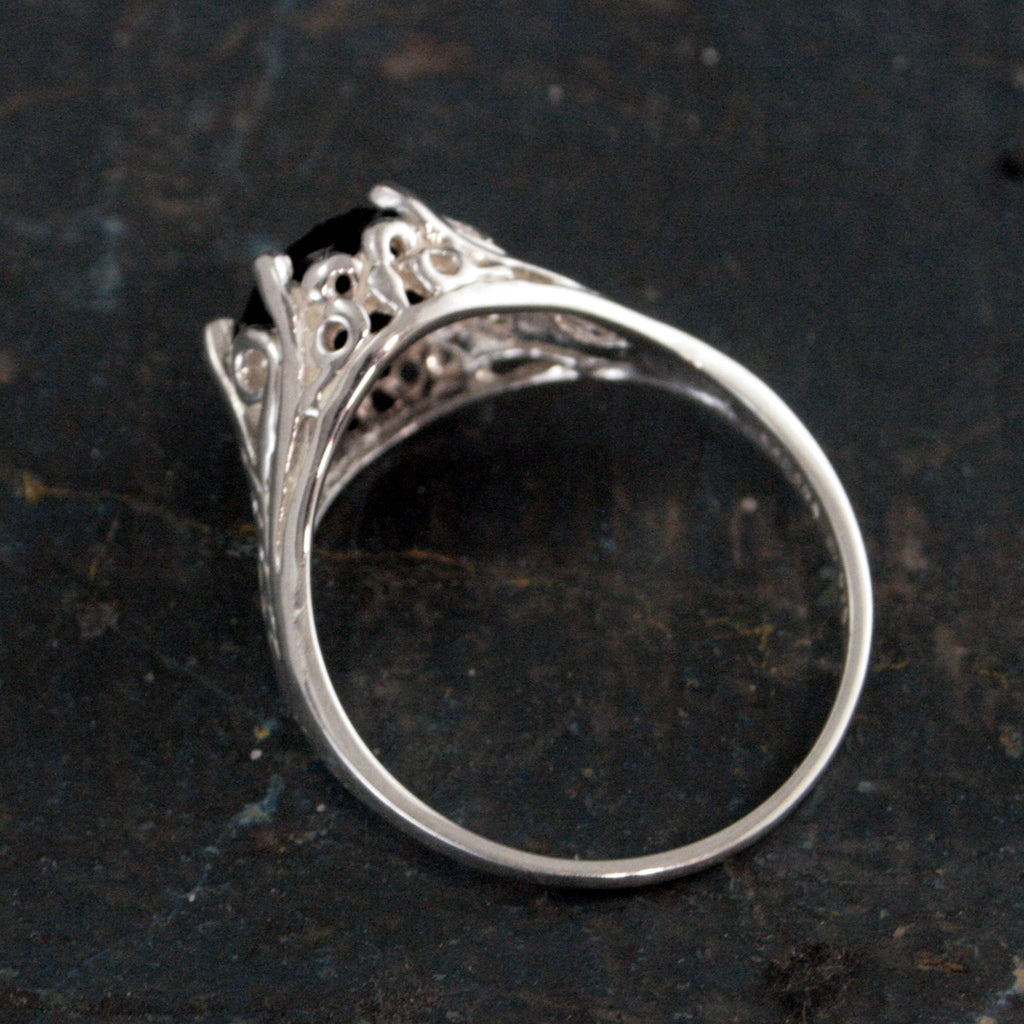 Onyx Ring Silver Filigree Ring 8 by 10 Oval Onyx Ring Dark Fairy Antique Style Ring Facetted Genuine Onyx Oval Ring Unique Engagement Ring