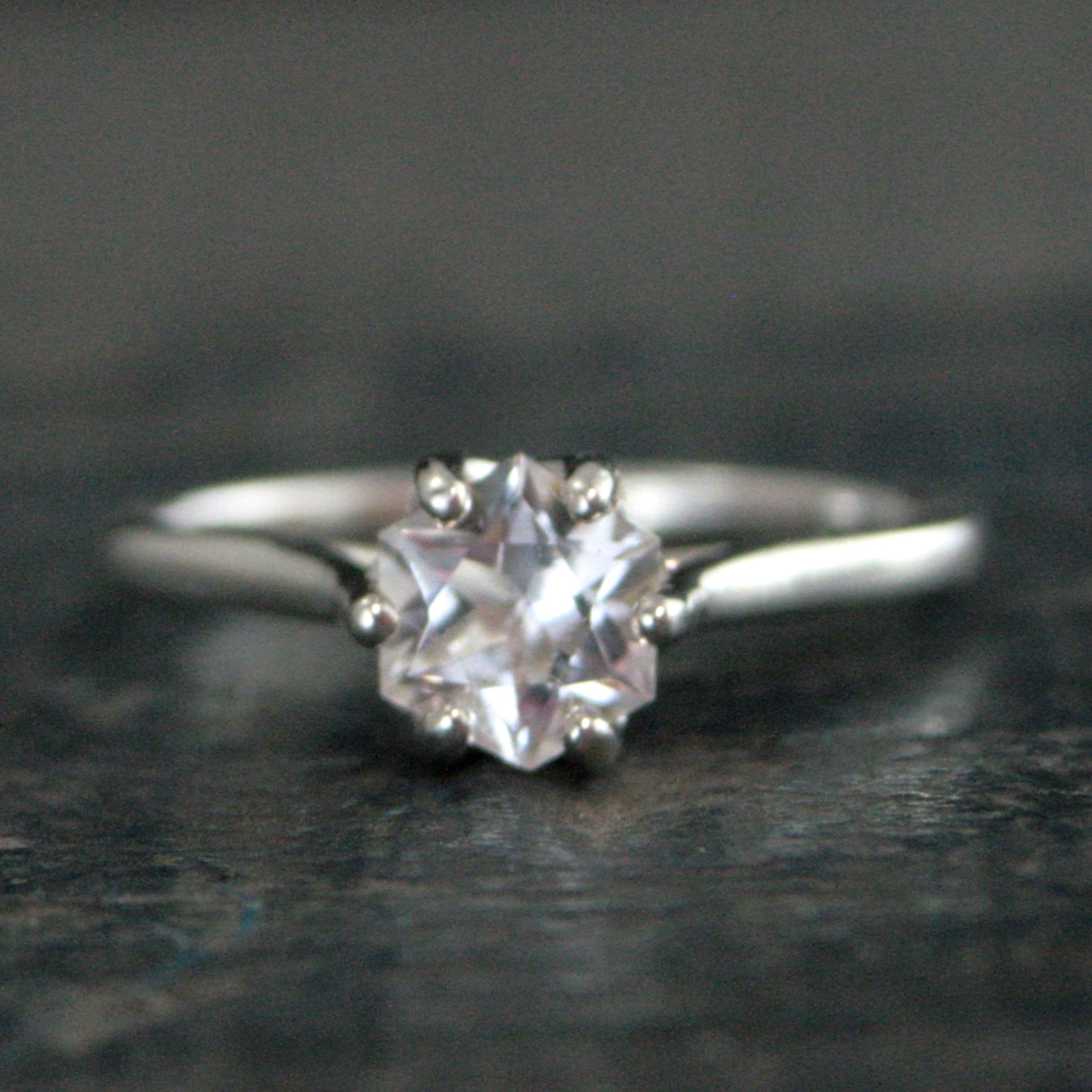 Hexagonal Ring Silver Hexagon Solitaire Arkansas Ice Quartz Hexagonal Stone Hexagon Unique Six Prong Setting Cathedral Ring American Mined