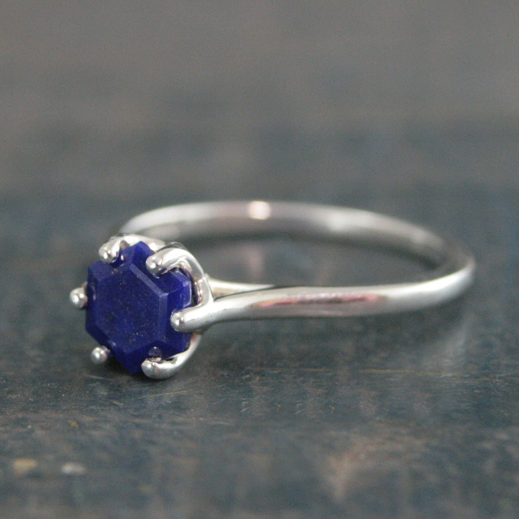 Hexagonal Lapis Ring Blue Stone Ring Silver Cathedral Setting Hexagon Cut Lapis Unique Something Blue Ring Bridal Ring Gift for Bride