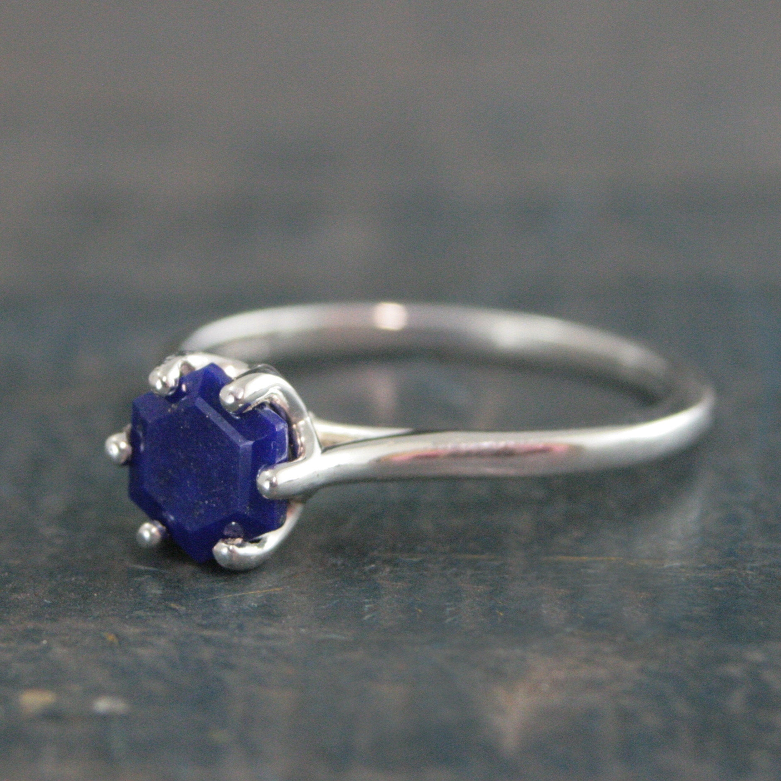 Hexagonal Lapis Ring Blue Stone Ring Silver Cathedral Setting Hexagon Cut Lapis Unique Something Blue Ring Bridal Ring Gift for Bride