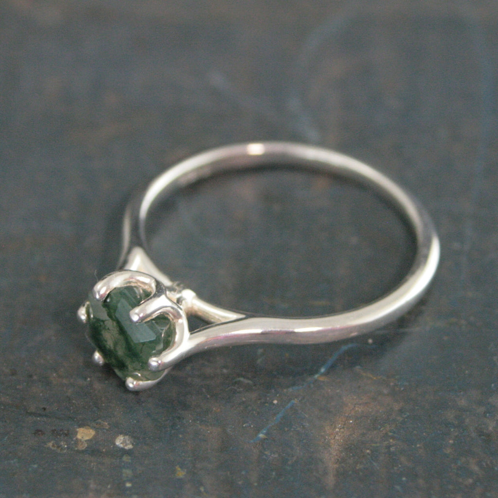Hexagon Moss Agate Ring Hexagonal Stone Ring Cathedral Solitaire Silver Ring Unique Stone Green Moss Agate Hexagon Cut Stone Ring