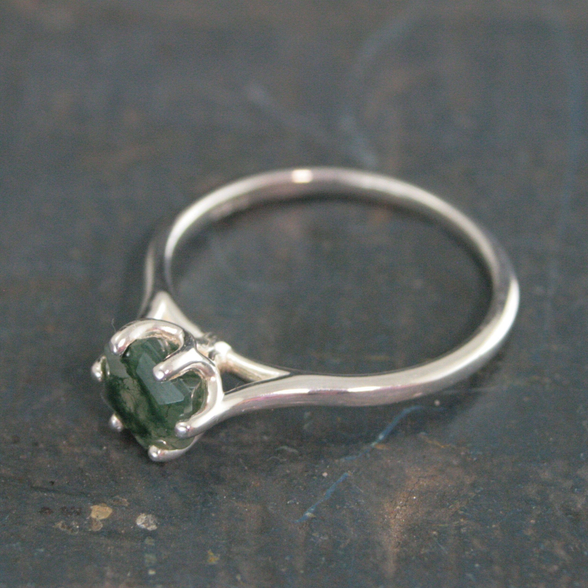 Hexagon Moss Agate Ring Hexagonal Stone Ring Cathedral Solitaire Silver Ring Unique Stone Green Moss Agate Hexagon Cut Stone Ring