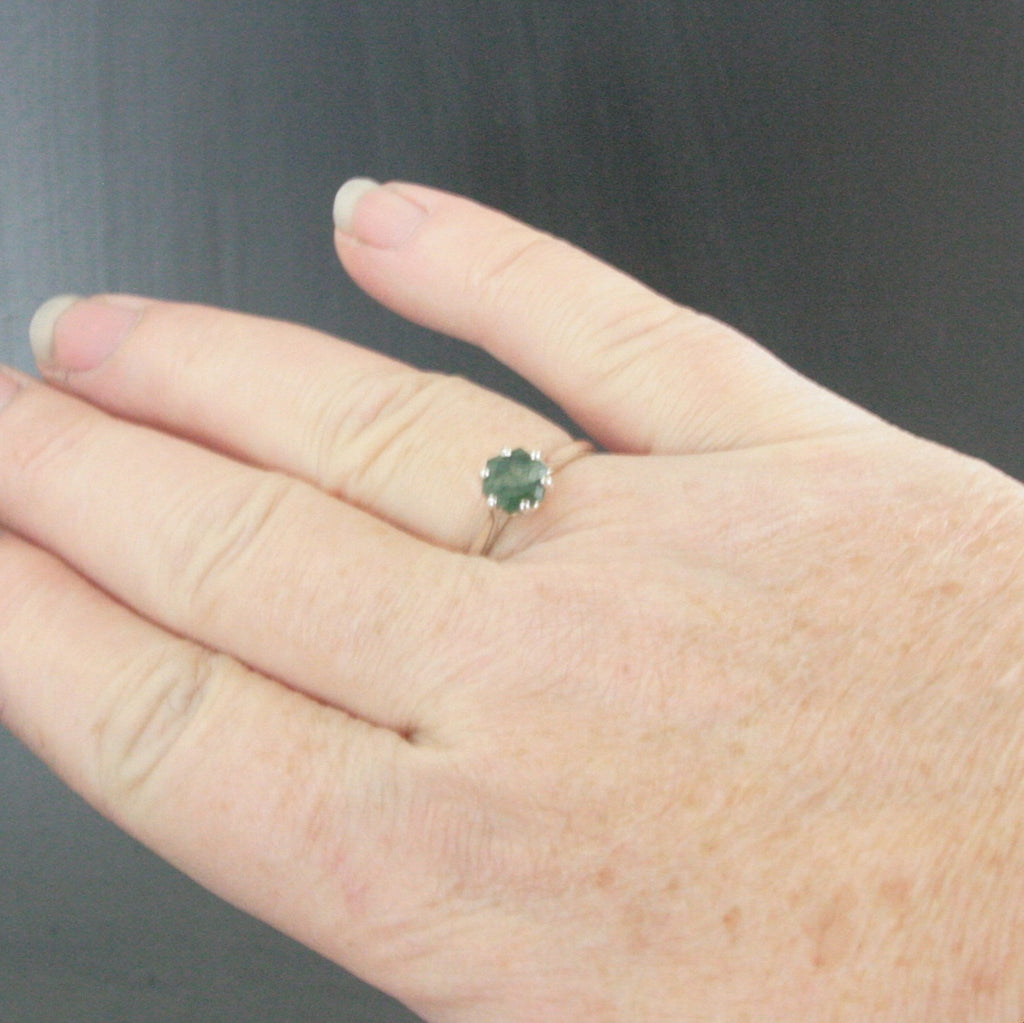 Hexagon Moss Agate Ring Hexagonal Stone Ring Cathedral Solitaire Silver Ring Unique Stone Green Moss Agate Hexagon Cut Stone Ring