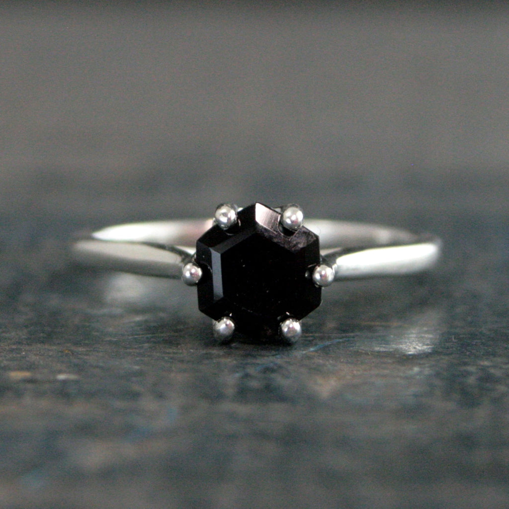 Hexagon Onyx Ring 6 Prong Solitaire Black Stone Geometric Ring Unique Hexagon Cut Stone Modern Onyx Ring Hexagonal Onyx Ring Cathedral Ring