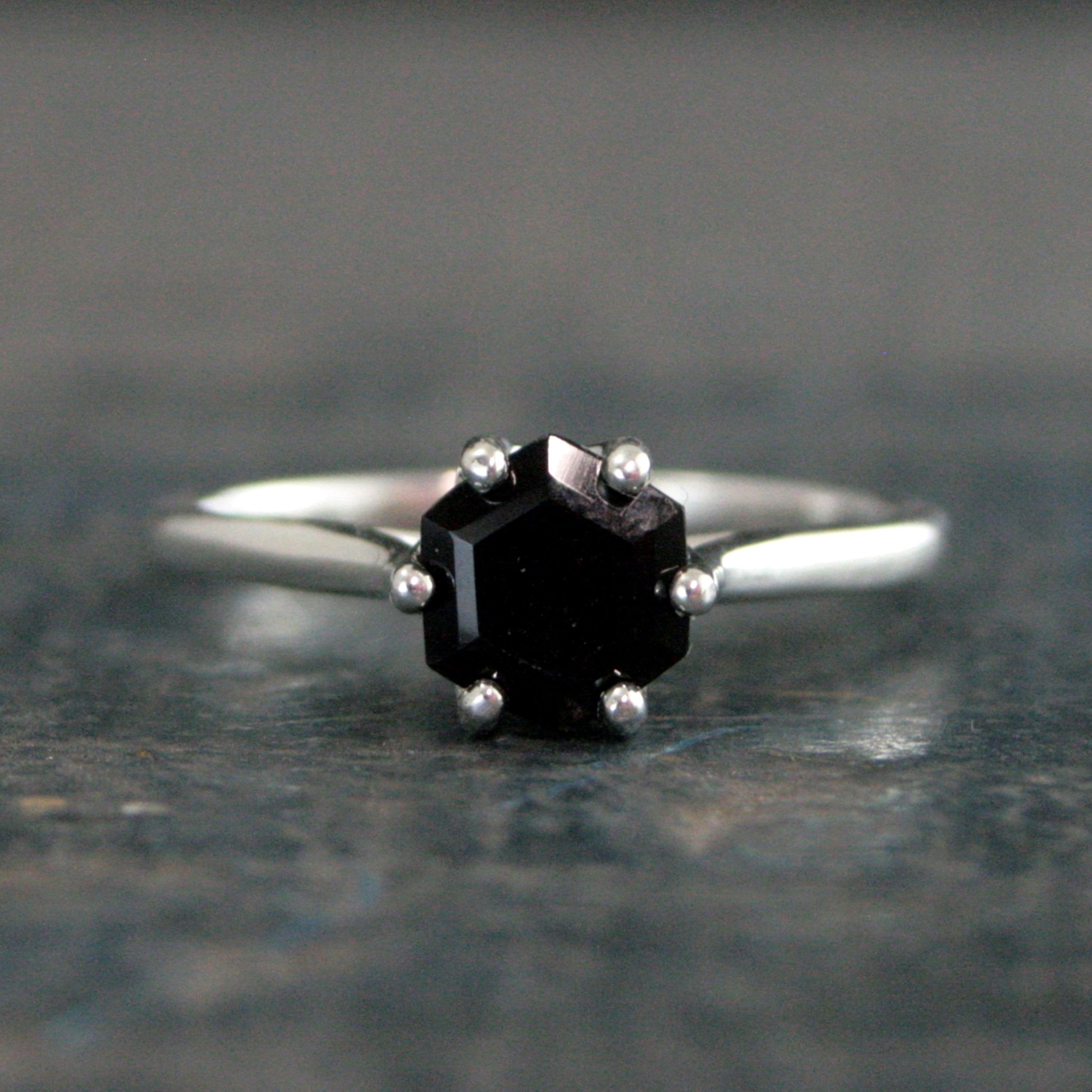 Hexagon Onyx Ring 6 Prong Solitaire Black Stone Geometric Ring Unique Hexagon Cut Stone Modern Onyx Ring Hexagonal Onyx Ring Cathedral Ring