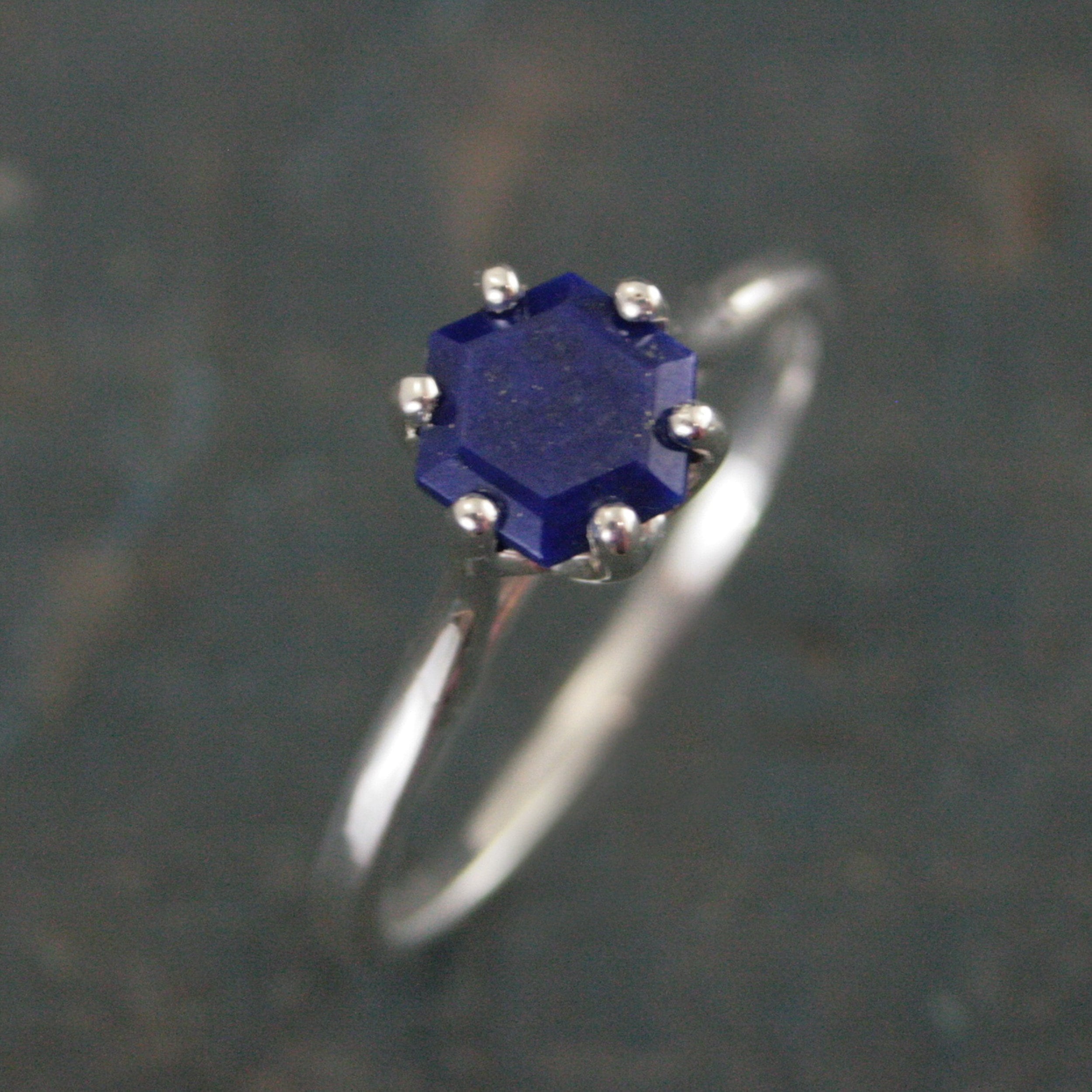 Hexagonal Lapis Ring Blue Stone Ring Silver Cathedral Setting Hexagon Cut Lapis Unique Something Blue Ring Bridal Ring Gift for Bride