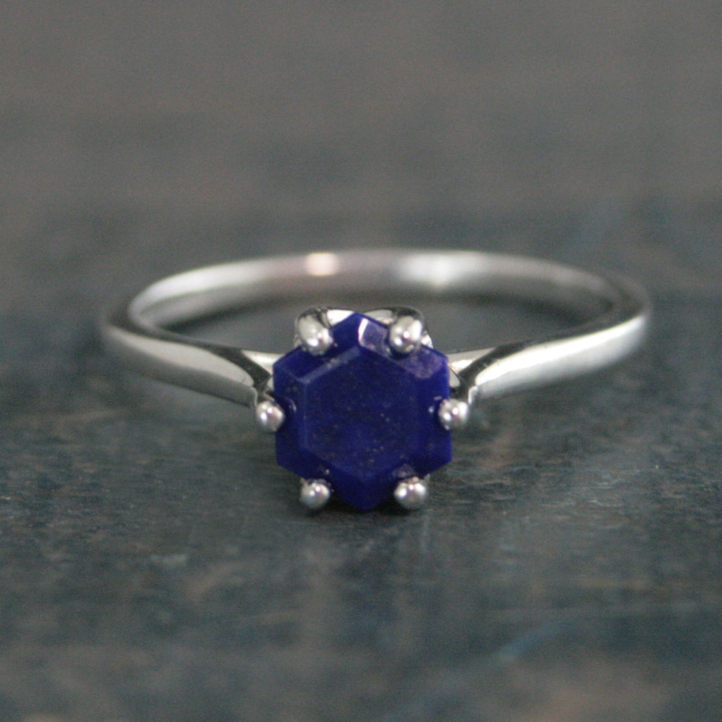 Hexagonal Lapis Ring Blue Stone Ring Silver Cathedral Setting Hexagon Cut Lapis Unique Something Blue Ring Bridal Ring Gift for Bride