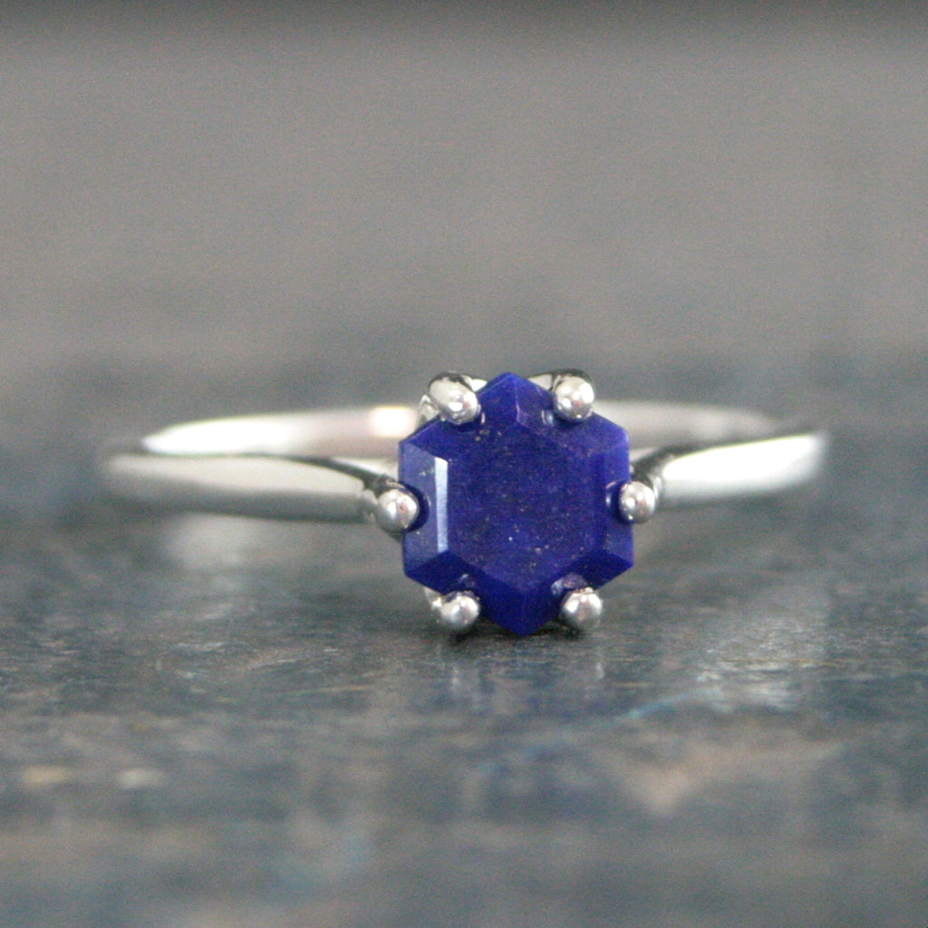 Hexagonal Lapis Ring Blue Stone Ring Silver Cathedral Setting Hexagon Cut Lapis Unique Something Blue Ring Bridal Ring Gift for Bride
