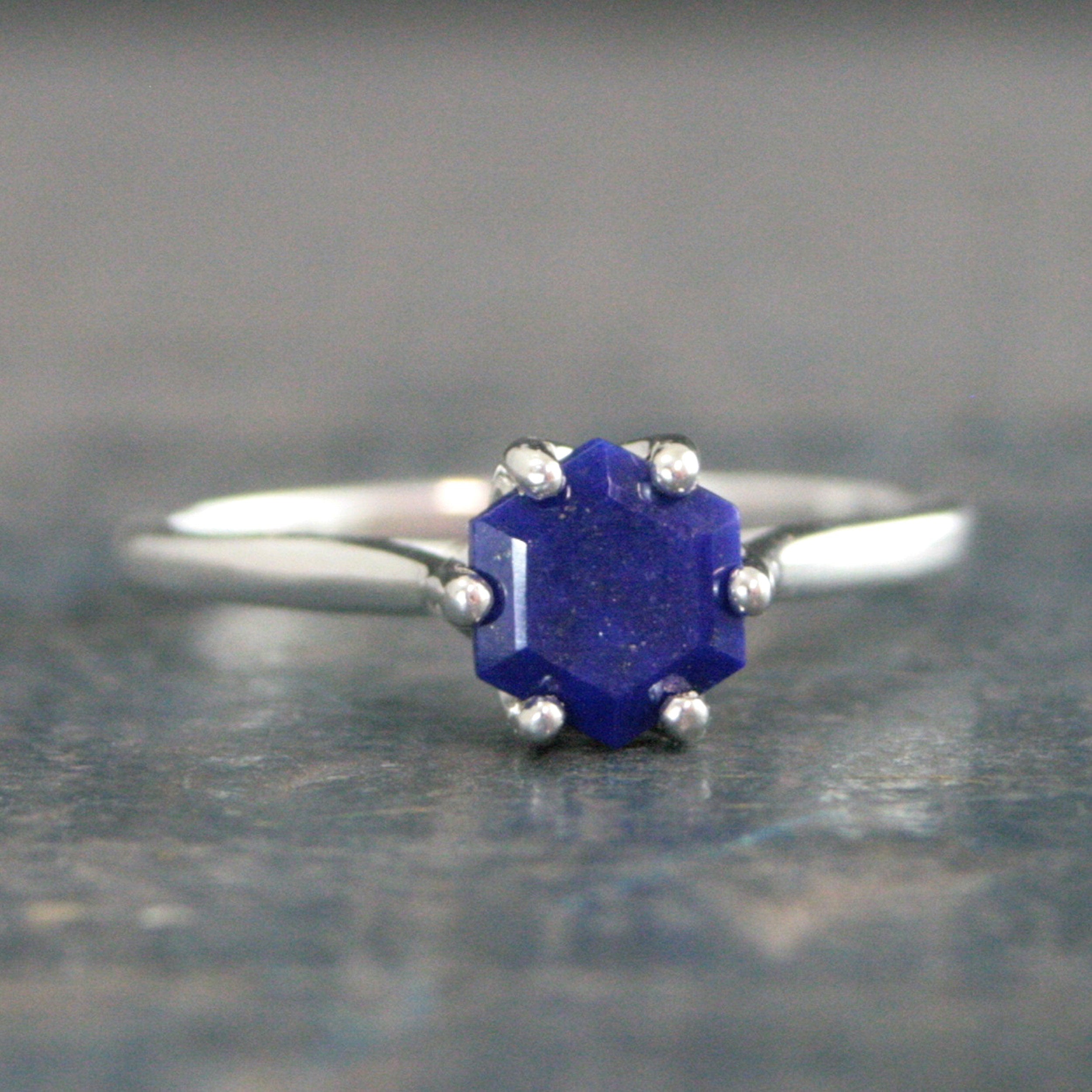 Hexagonal Lapis Ring Blue Stone Ring Silver Cathedral Setting Hexagon Cut Lapis Unique Something Blue Ring Bridal Ring Gift for Bride