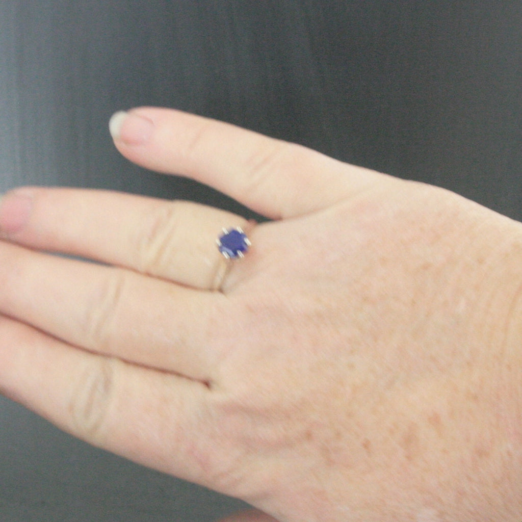 Hexagonal Lapis Ring Blue Stone Ring Silver Cathedral Setting Hexagon Cut Lapis Unique Something Blue Ring Bridal Ring Gift for Bride