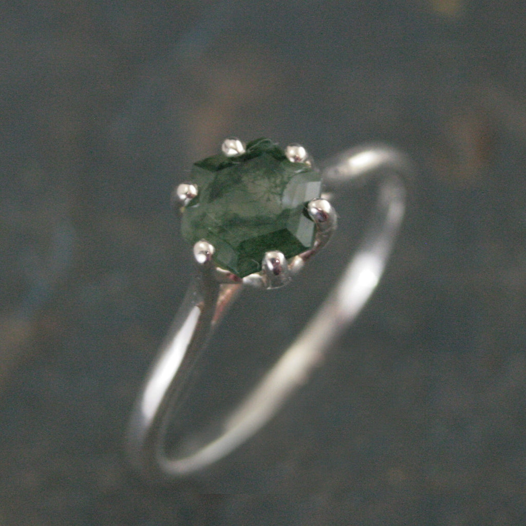 Hexagon Moss Agate Ring Hexagonal Stone Ring Cathedral Solitaire Silver Ring Unique Stone Green Moss Agate Hexagon Cut Stone Ring