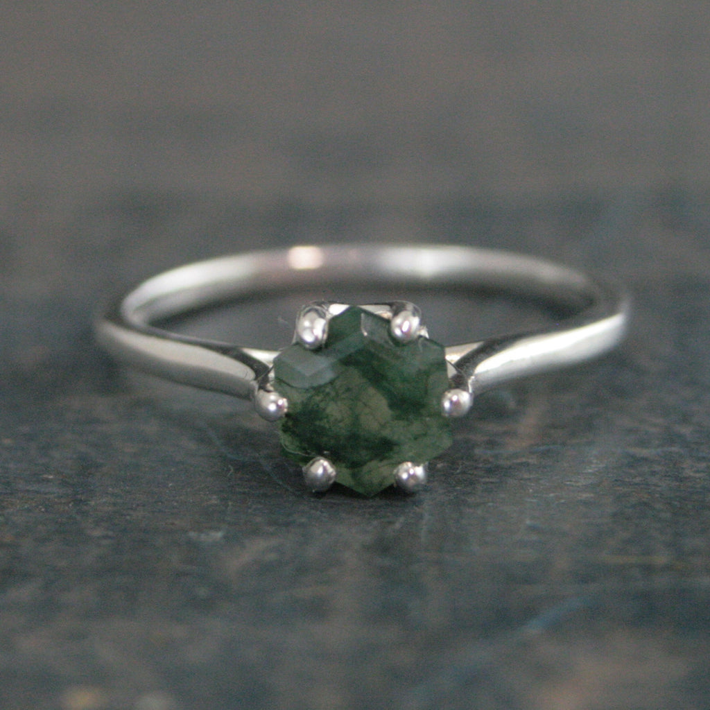 Hexagon Moss Agate Ring Hexagonal Stone Ring Cathedral Solitaire Silver Ring Unique Stone Green Moss Agate Hexagon Cut Stone Ring