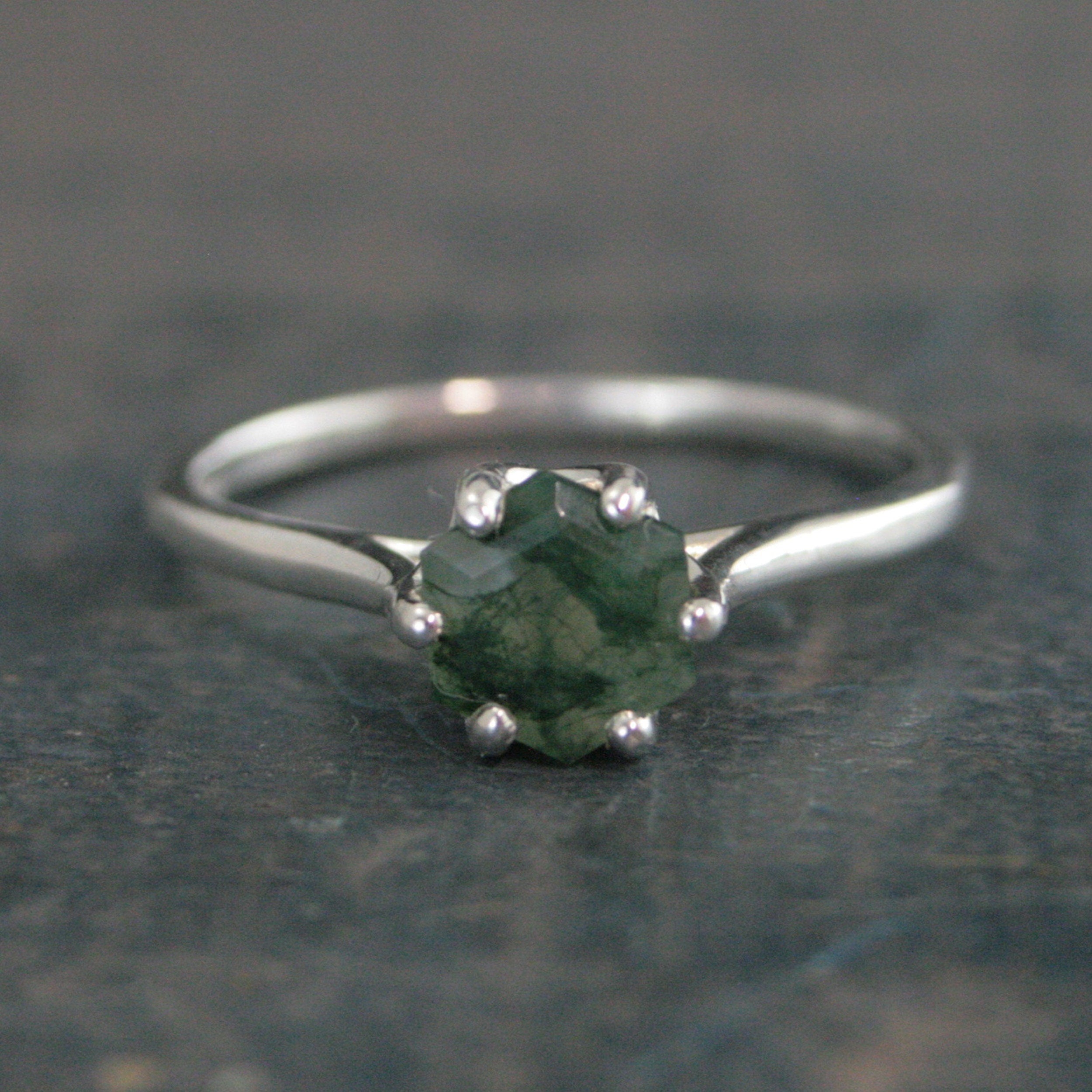Hexagon Moss Agate Ring Hexagonal Stone Ring Cathedral Solitaire Silver Ring Unique Stone Green Moss Agate Hexagon Cut Stone Ring