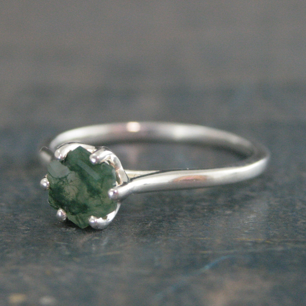 Hexagon Moss Agate Ring Hexagonal Stone Ring Cathedral Solitaire Silver Ring Unique Stone Green Moss Agate Hexagon Cut Stone Ring