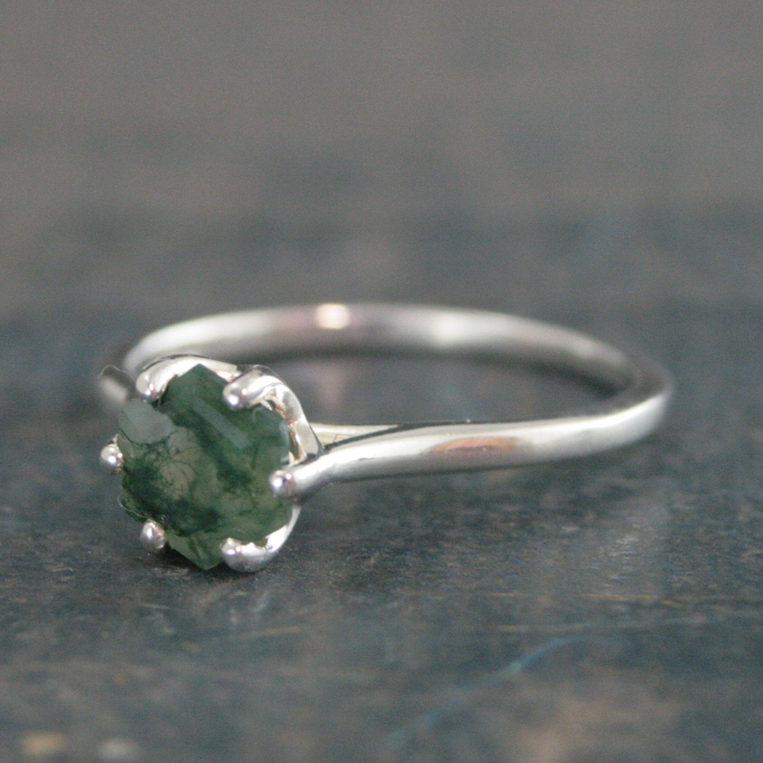 Hexagon Moss Agate Ring Hexagonal Stone Ring Cathedral Solitaire Silver Ring Unique Stone Green Moss Agate Hexagon Cut Stone Ring