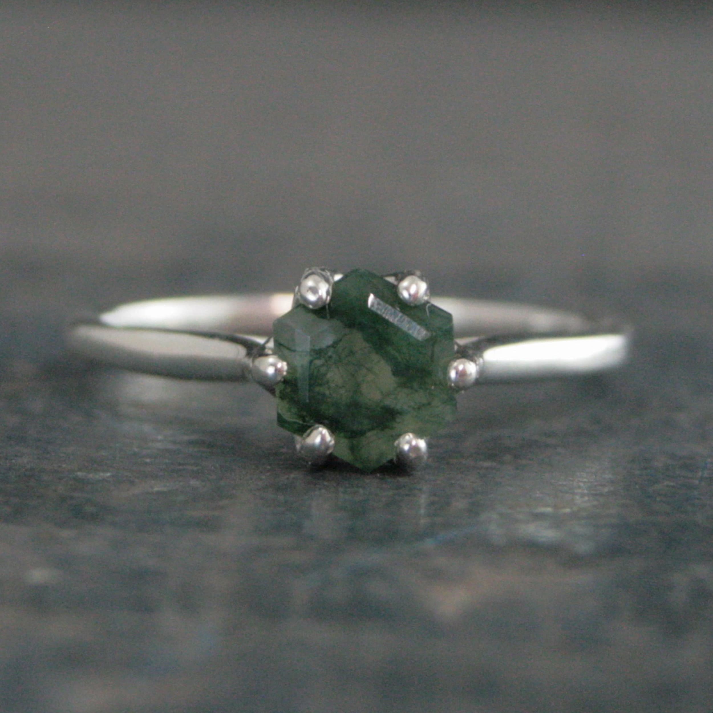 Hexagon Moss Agate Ring Hexagonal Stone Ring Cathedral Solitaire Silver Ring Unique Stone Green Moss Agate Hexagon Cut Stone Ring