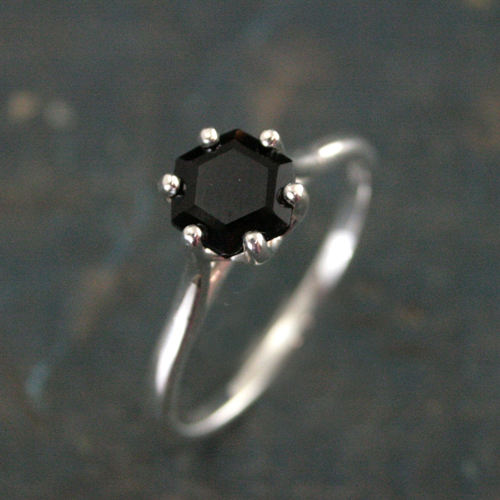 Hexagon Onyx Ring 6 Prong Solitaire Black Stone Geometric Ring Unique Hexagon Cut Stone Modern Onyx Ring Hexagonal Onyx Ring Cathedral Ring