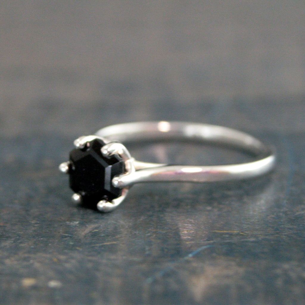 Hexagon Onyx Ring 6 Prong Solitaire Black Stone Geometric Ring Unique Hexagon Cut Stone Modern Onyx Ring Hexagonal Onyx Ring Cathedral Ring