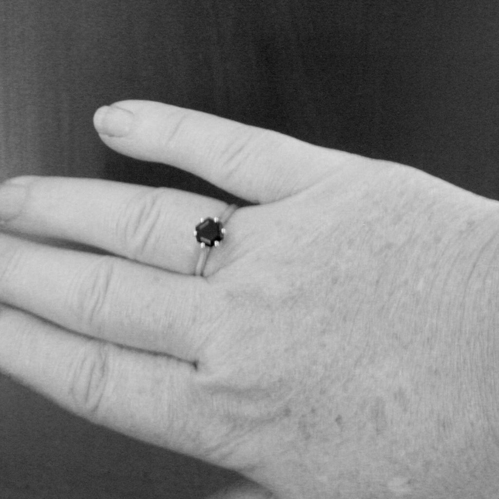 Hexagon Onyx Ring 6 Prong Solitaire Black Stone Geometric Ring Unique Hexagon Cut Stone Modern Onyx Ring Hexagonal Onyx Ring Cathedral Ring
