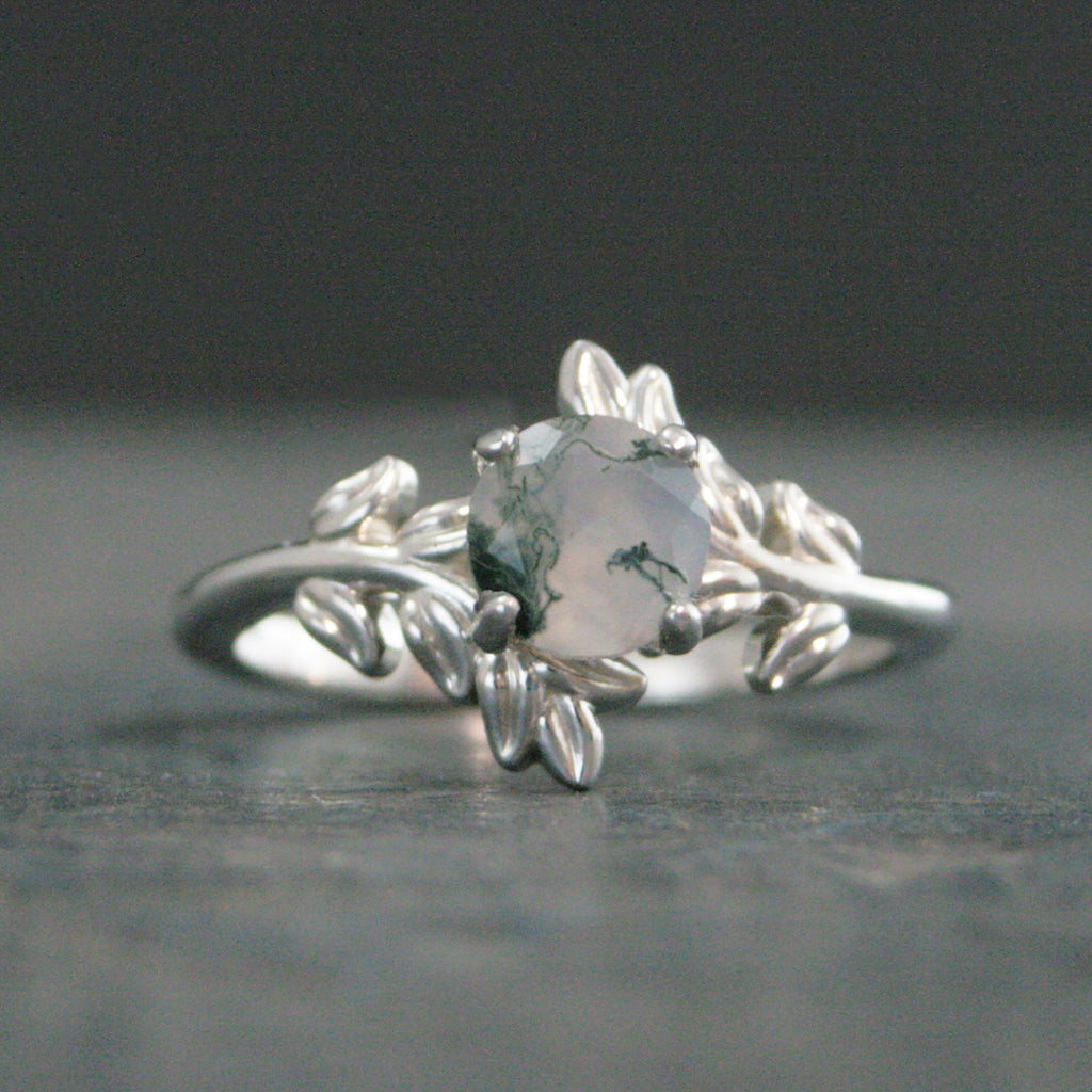 Moss Agate Fern Ring Sterling Silver 6mm Facetted Moss Agate Leaf Ring Vine Unique Elven Ring Branch Ring Twig Ring Silver