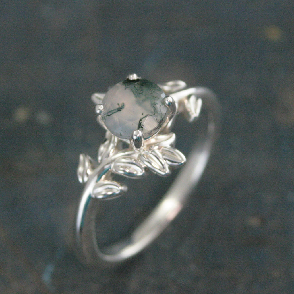 Moss Agate Fern Ring Sterling Silver 6mm Facetted Moss Agate Leaf Ring Vine Unique Elven Ring Branch Ring Twig Ring Silver
