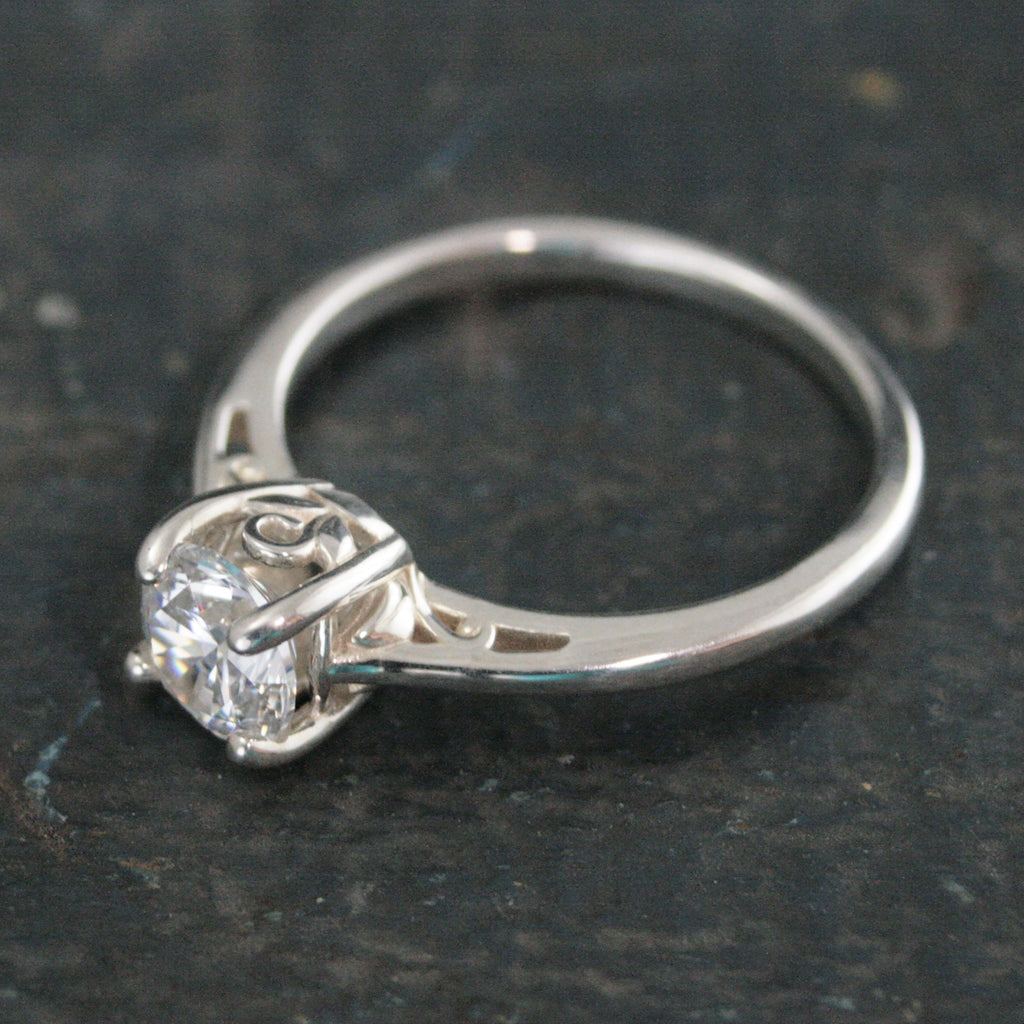 Silver Pixie Hollow Ring Sweet Filigree Solitaire Engagement Ring Cathedral Solitaire Sterling Silver Cubic Zirconia Ring Leaf and Sprout