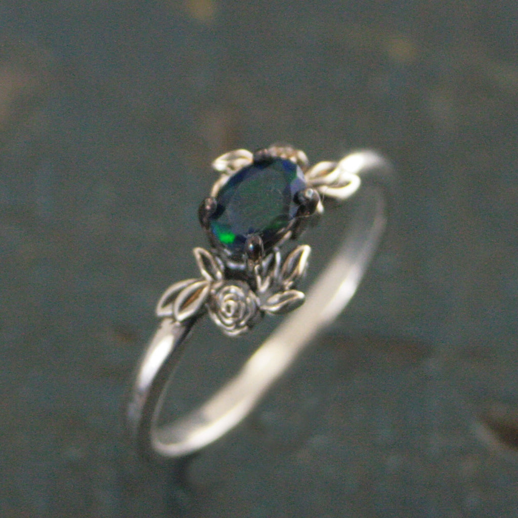 Oval Black Opal Ring Floral Rose Silver Ring Romantic Rose Ring 6x4mm Horizontal Facetted Oval Black Opal Ring Victorian Rose Opal Ring