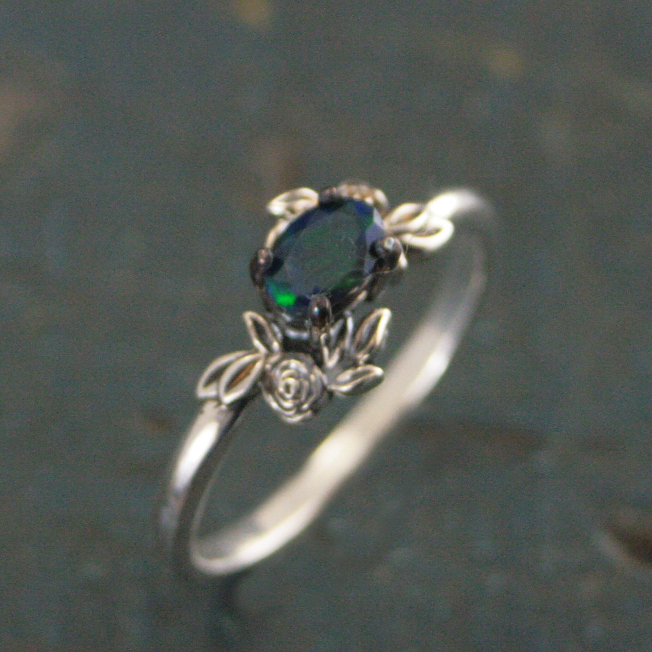 Oval Black Opal Ring Floral Rose Silver Ring Romantic Rose Ring 6x4mm Horizontal Facetted Oval Black Opal Ring Victorian Rose Opal Ring